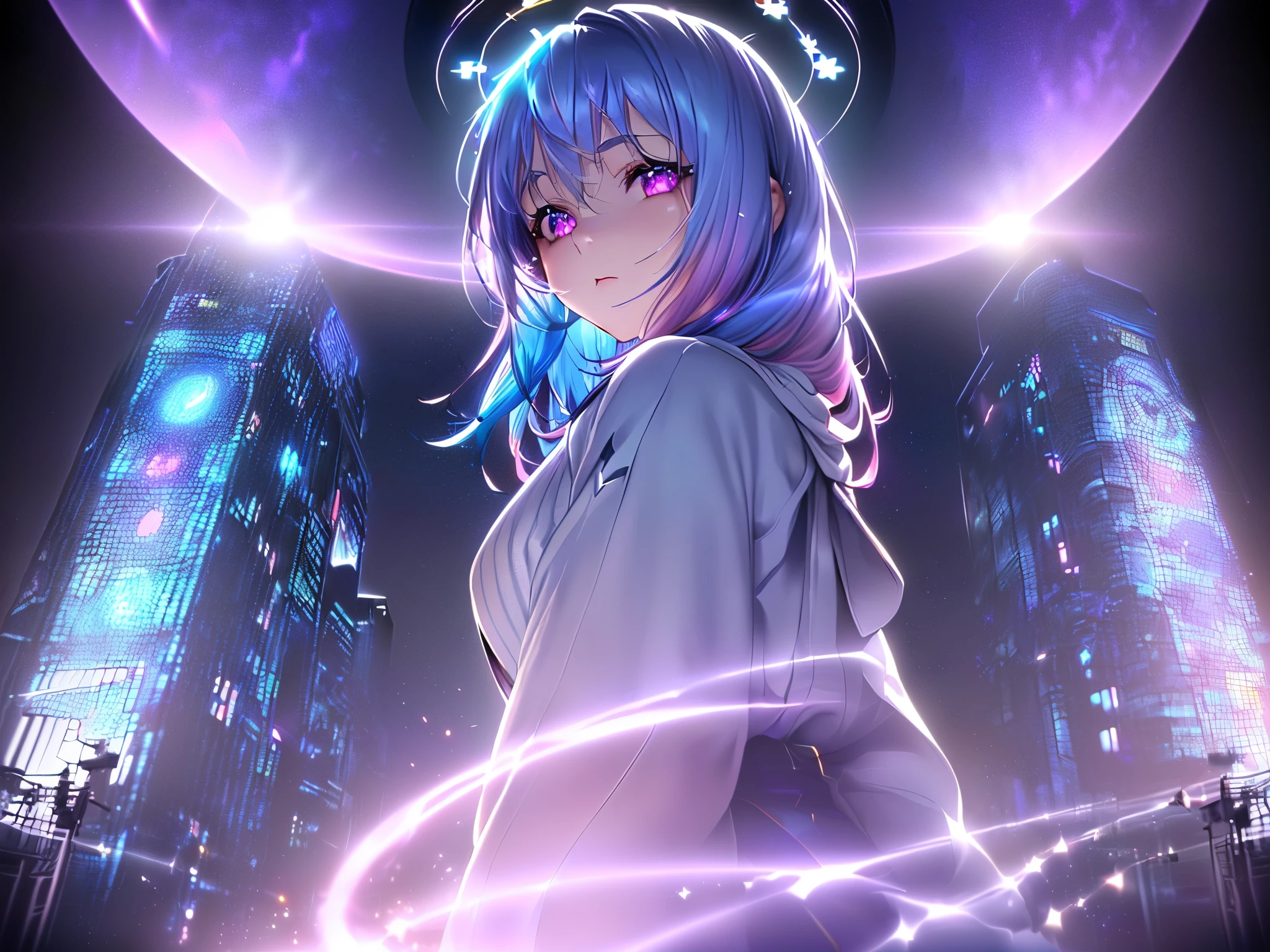 1 girl, 20 year old girl, one person, (Silver blue hair streaked pink purple:1.4), (Gradient sky blue hair ends:1.6), hair strand, absurdly long hair, single sidelock, wavy hair, shiny hair, floating hair, (Illusion deep purple eyes), delicate eyes, aqua eyes, High like real eyes, ((glowing eyes)), makeup, Focus on face, Very detailed facial, hot body, Random environment, Random pose, on the street, looking at the starry night sky, meteor, Technical clothing masterpiece, White extra long skirt, several cross stars beside, Colored lights swirl around the body, (((colorful complex multiple glowing magic circle upright on the back))), cyberpunk, full body shot, realism, chiaroscuro, ((glowing light)), (sparkle), (ray tracing), cinematic lighting, Futurism, motion blur, Ultra-Wide Angle, god rays, atmospheric perspective, best quality, UHD, super detail, masterpiece, highres, ccurate, retina