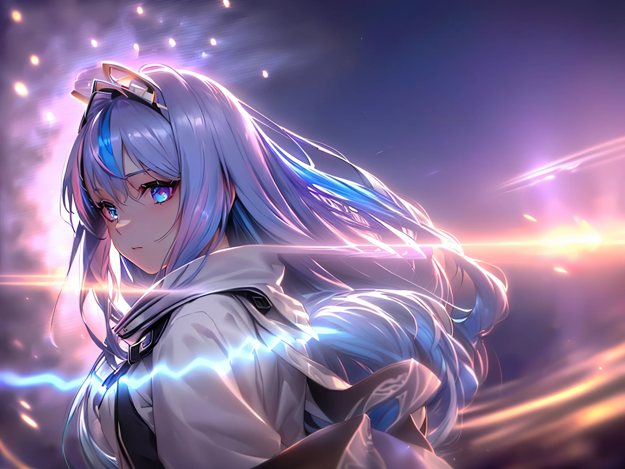 1 girl, 20 year old girl, one person, (Silver blue hair streaked pink purple:1.4), (Gradient sky blue hair ends:1.6), hair strand, absurdly long hair, single sidelock, wavy hair, shiny hair, floating hair, (Illusion deep purple eyes), delicate eyes, aqua eyes, High like real eyes, ((glowing eyes)), makeup, Focus on face, Very detailed facial, hot body, Random environment, Random pose, on the street, looking at the starry night sky, meteor, Technical clothing masterpiece, White extra long skirt, several cross stars beside, Colored lights swirl around the body, (((colorful complex multiple glowing magic circle upright on the back))), cyberpunk, full body shot, realism, chiaroscuro, ((glowing light)), (sparkle), (ray tracing), cinematic lighting, Futurism, motion blur, Ultra-Wide Angle, god rays, atmospheric perspective, best quality, UHD, super detail, masterpiece, highres, ccurate, retina