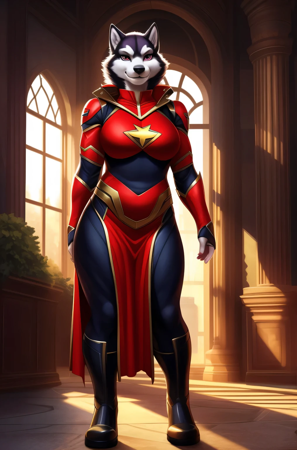 (masterpiece, high resolution, detailed background:1.3), solo, (female Siberian husky:1.3), anthro, tall stature, beautiful, cool, superhero, strained costumes, smile, very thick, plump, chubby