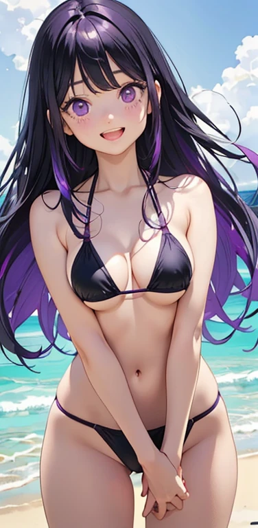 Realistic、1girl、(Open mouth happy smile：1.3),(cute face:1.5),(tareme:1.3),(black hair purple hair hair gradient hair:1.3),(purple eyes)、(kind eyes:1.3)、leaning forward、open stance,(middle hair),( portrait:1.3,face focus:1.3,cowboy shot),(black enamel micro bikini:1.3)、(large breasts),(midsummer beach:1.3)
