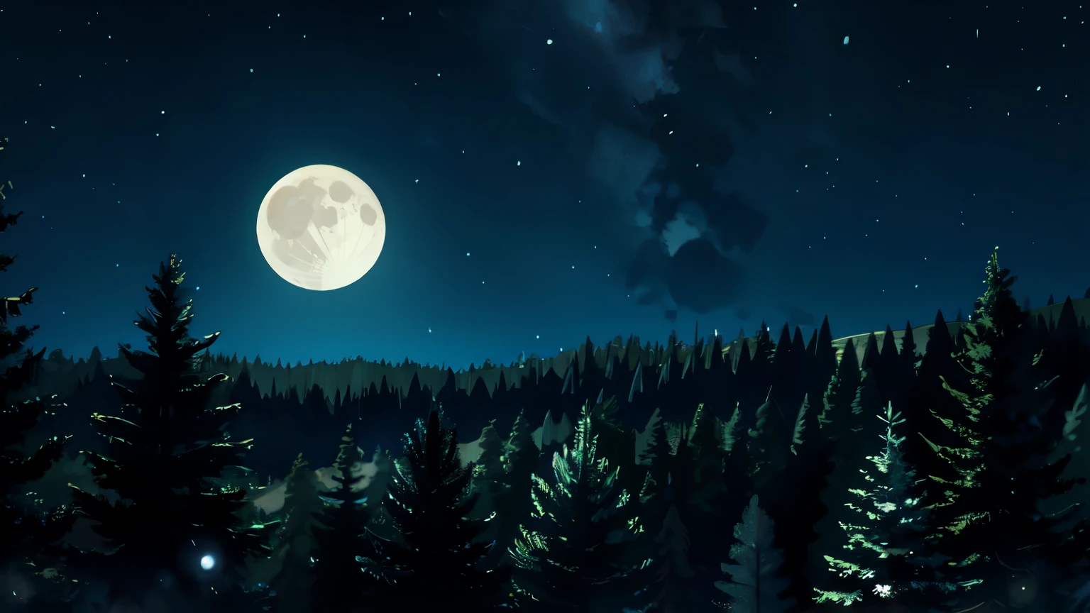 the forest, meadow, night, moon, starry sky