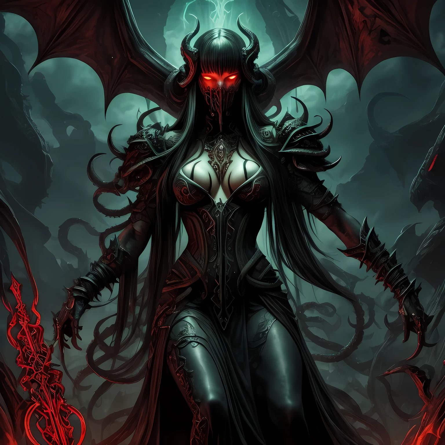 Avoid unnecessary imperfections, statue of cthulhu background, Cyberpunk , satan worshipper , A professional Queen villian portrait, Avoid unnecessary imperfections, necrotic teeth masked, Satan’s humanoid daughter, evilness at its peak, empress of hell, Perfect body parts, arousing , dark dominatrix, lust and desire for dark power, world under her feet, worshipped, Exposed bodies, NSFW, DARK CHURCH EMPIRE, Dark sensuality, evilness, dark magic, occult, satanism, (masterpiece:1.1), (best quality:1.1), (intricate:1.1), (detailed:1.1), (ornate:1.1), (aesthetic:1.1), BREAK, (science fiction:1.1), (cyberpunk:1.0), (tragic:1.1), (red theme:1.0),(glowing:1.1), (metallic:1.0), BREAK, (upper body:1.0), (1boy + 1girl:1.1), (a evil malevolent looking dominatrix lady with cyberpunk white hair enslaving a muscled male demon with black hair:1.1), (cyborg:1.1), (mechanical parts:1.1), (pain and pleasure:1.1), (covered in blood:1.1),
adult face, mafia , hunger , lust for power and money, tattooed body, biomechanical metal spine enhancing her beauty, radiating black veins on skin, piercings make her more appealing, score_9, score_8_up, score_7_up, score_9,score_9, gothic, score_8_up, score_7_up, masterpiece, amazing artist, high details, 4k, attractive beautiful lady, alluring eyes, long eye lash, tattooed body, malevolent, evil, ultra detailed skin, detailed background, rating_explicit , 1girl, solo, tattoo, cyberpunk gothic background, cyberpunk semi shaved black hair, black laced dress, dress, looking at viewer, scorpion earrings, invertedcross jewelry, black nails, arm tattoo, lying on grave, breast touching tofloor, intrinsic dim lighting, red lips, nail polish, bangs, holding, datk underground dungeon background, makeup, sheath, sheathed, tassel,