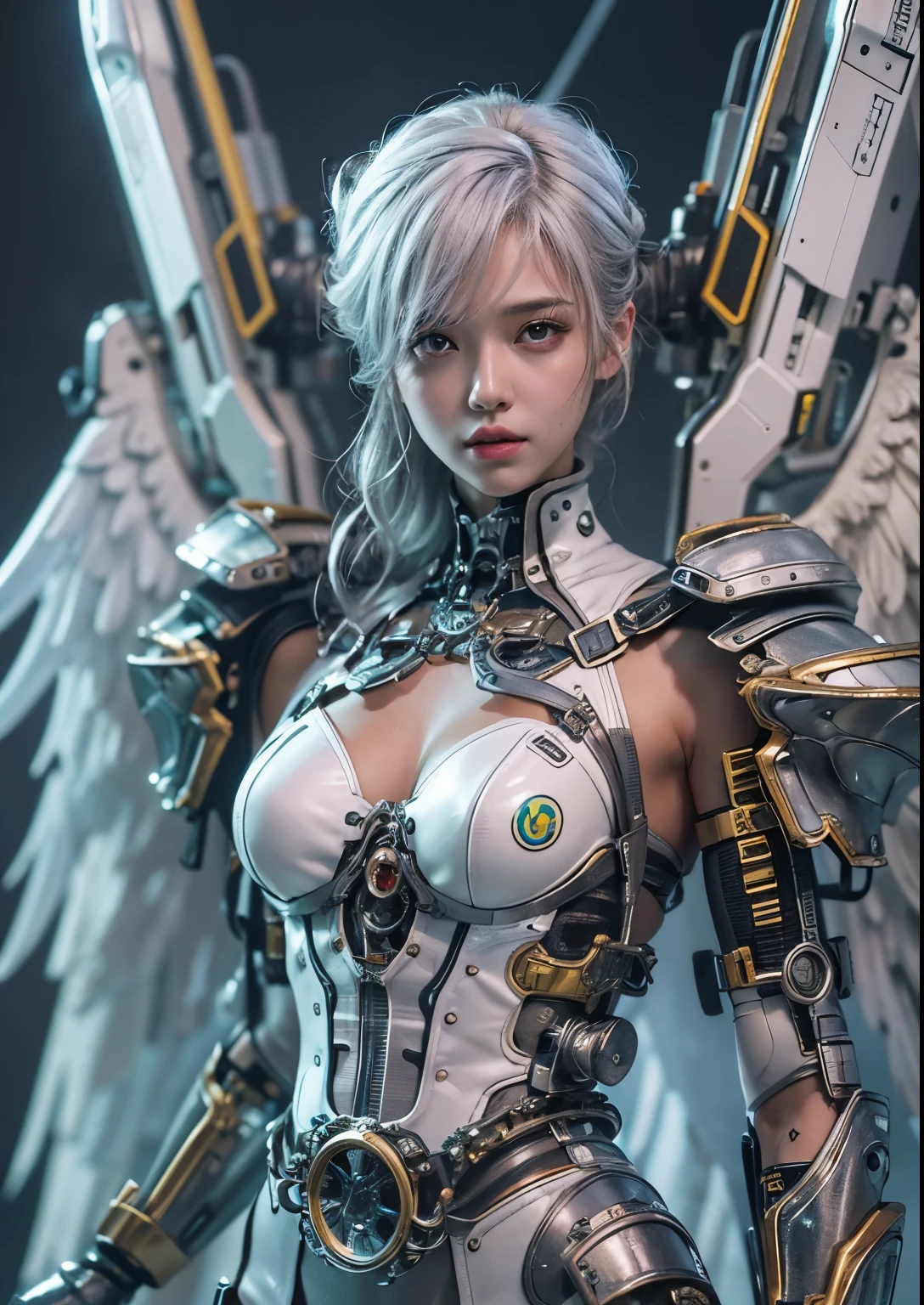 highest quality、masterpiece、超A high resolution、(Photoreal:1.4)、Raw photo、steampunk battle cyborg angel、large metal wings、white porcelain body、gray hair、glowing skin、1 cyborg girl、((Ultra realistic details))、Portrait、global illumination、Shadow、octane rendering、8K、super sharp、character edge light,Huge 、Raw skin exposed in cleavage、intricate decorative details、Acrylic clear cover、Sumerian details、hydraulic cylinder、small led lamp、very intricate details、realistic light、purple eyes、shining eyes、towards the camera、neon details、cowboy shot、futuristic headgear、About Cyberpunk、、