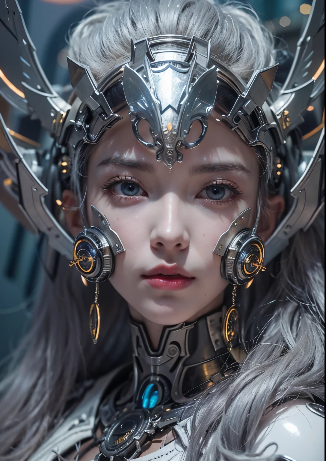 highest quality、masterpiece、超A high resolution、(Photoreal:1.4)、Raw photo、steampunk battle cyborg angel、large metal wings、white porcelain body、gray hair、glowing skin、1 cyborg girl、((Ultra realistic details))、Portrait、global illumination、Shadow、octane rendering、8K、super sharp、character edge light,Huge 、Raw skin exposed in cleavage、intricate decorative details、Acrylic clear cover、Sumerian details、hydraulic cylinder、small led lamp、very intricate details、realistic light、purple eyes、shining eyes、towards the camera、neon details、cowboy shot、futuristic headgear、About Cyberpunk、、