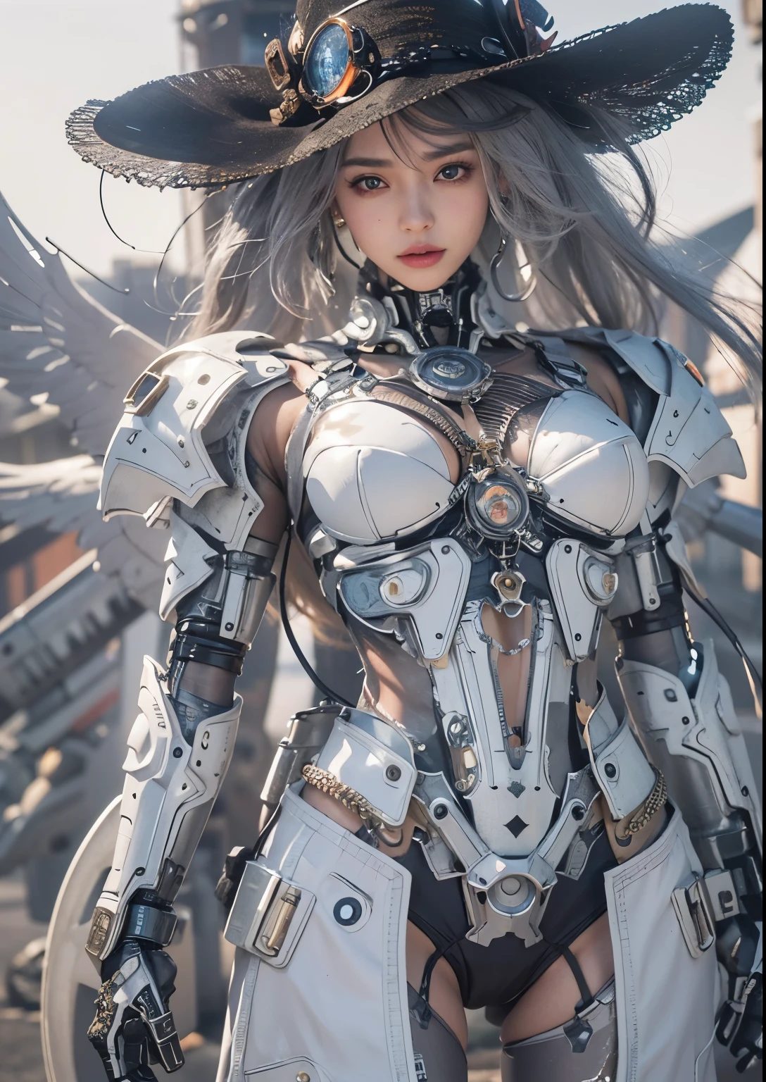 highest quality、masterpiece、超A high resolution、(Photoreal:1.4)、Raw photo、steampunk battle cyborg angel、large metal wings、white porcelain body、gray hair、glowing skin、1 cyborg girl、((Ultra realistic details))、Portrait、global illumination、Shadow、octane rendering、8K、super sharp、character edge light,Huge 、Raw skin exposed in cleavage、intricate decorative details、Acrylic clear cover、Sumerian details、hydraulic cylinder、small led lamp、very intricate details、realistic light、purple eyes、shining eyes、towards the camera、neon details、cowboy shot、futuristic headgear、About Cyberpunk、、