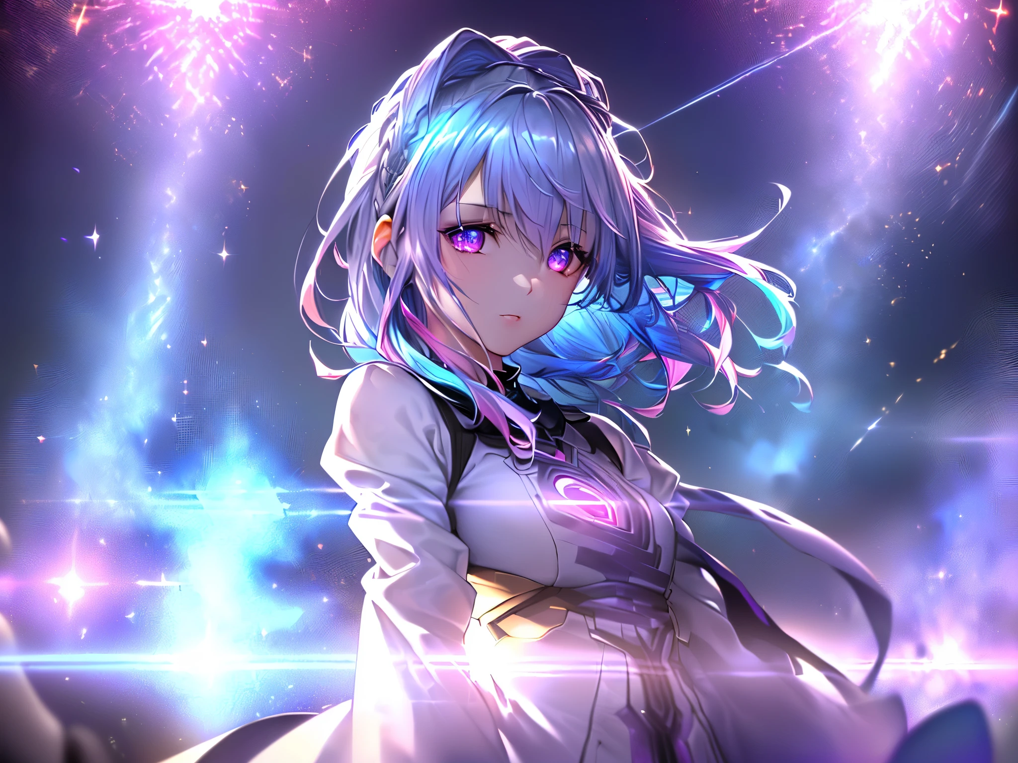 1 girl, 20 year old girl, one person, (Silver blue hair streaked pink purple:1.4), (Gradient sky blue hair ends:1.6), hair strand, absurdly long hair, single sidelock, wavy hair, shiny hair, floating hair, (Illusion deep purple eyes), delicate eyes, aqua eyes, High like real eyes, ((glowing eyes)), makeup, Focus on face, Very detailed facial, hot body, Random environment, Random pose, on the street, looking at the starry night sky, meteor, Technical clothing masterpiece, White extra long skirt, (several cross stars beside), (Colored lights swirl around the body), (((Extra super huge colorful extra super complex multiple glowing magic circle upright on the back of the head))), cyberpunk, full body shot, realism, chiaroscuro, ((glowing light)), (sparkle), (ray tracing), cinematic lighting, Futurism, motion blur, Ultra-Wide Angle, god rays, atmospheric perspective, best quality, UHD, super detail, masterpiece, highres, ccurate, retina