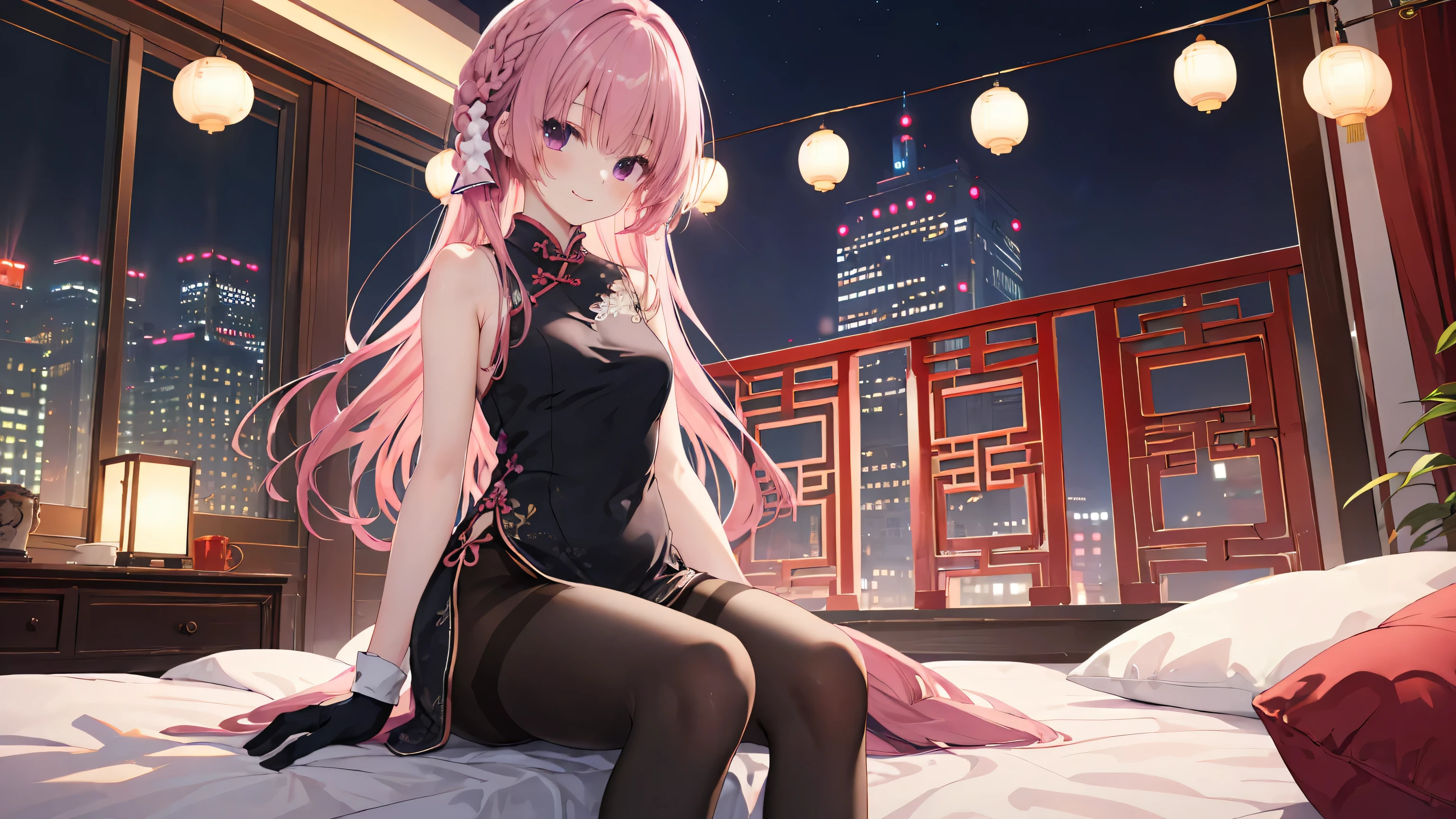Chinese architecture,night chinese background, solo,a girl,170cm height,25CM bust,pink hair,cheongsam,black underwear,night,gentle,Smile, ((black pantyhose)),indoors,on the bed,(((bare arms))) ,black gloves,bare arms,mitsukasa ayase