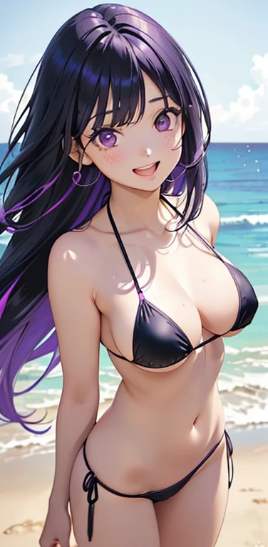 Realistic、1girl、(Open mouth happy smile:1.3),(cute face:1.5),(tareme:1.3),(black hair purple hair hair gradient hair:1.3),(purple eyes)、(kind eyes:1.3)、leaning forward、open stance,(middle hair),( portrait:1.3,face focus:1.3,cowboy shot),(black enamel micro bikini:1.3)、(large breasts),(midsummer beach:1.3)