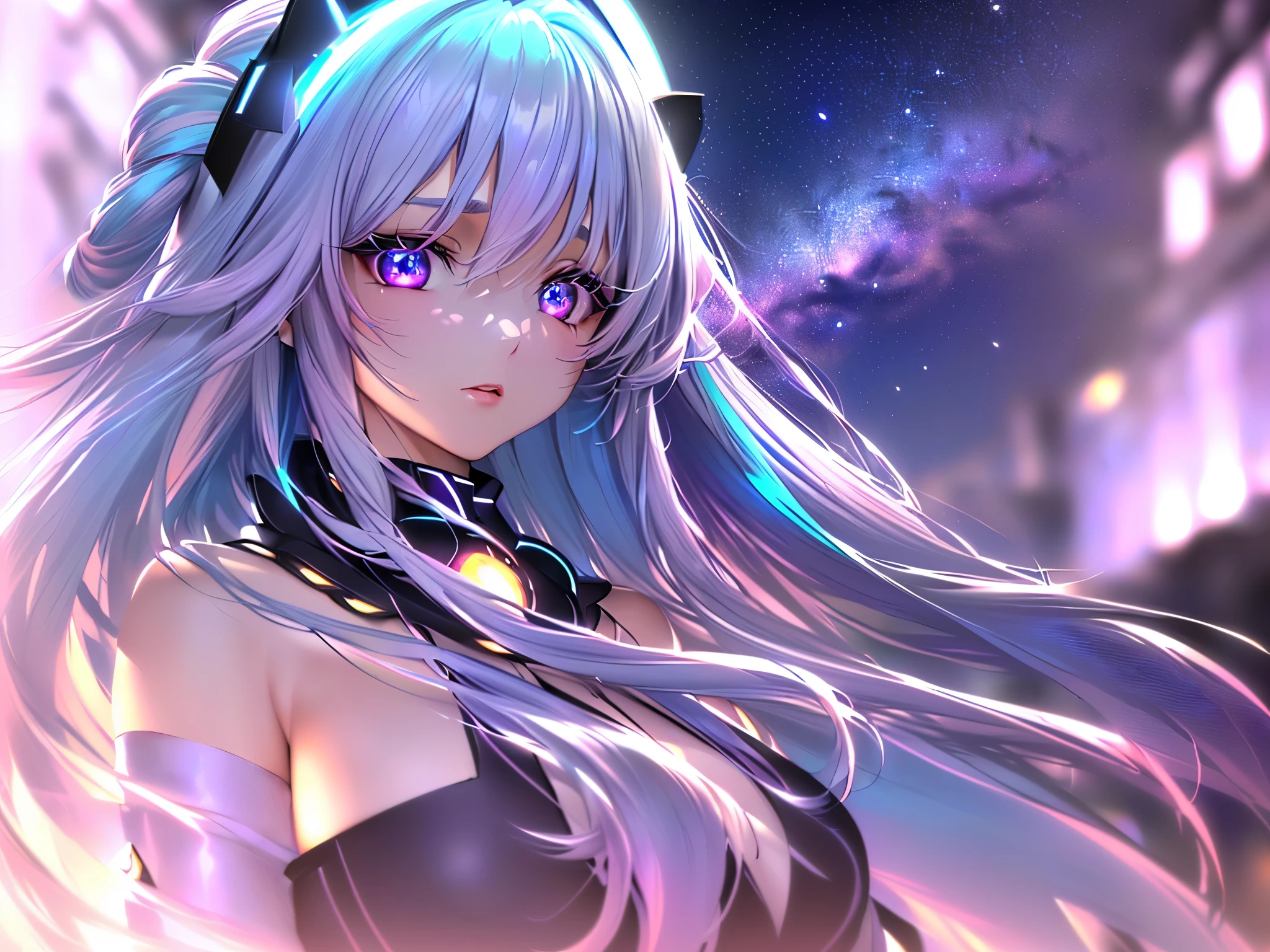 Anime girl with long hair and purple eyes in a city - SeaArt AI