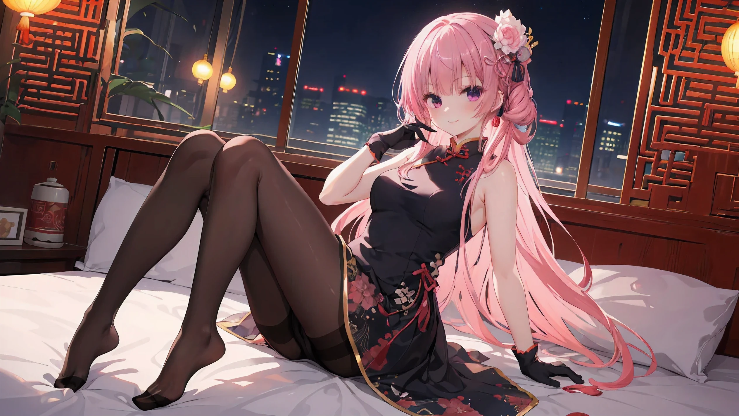 Chinese architecture,night chinese background, solo,a girl,170cm height,25CM bust,pink hair,cheongsam,black underwear,night,gentle,Smile, ((black pantyhose)),indoors,on the bed,(((bare arms))) ,black gloves,bare arms,mitsukasa ayase