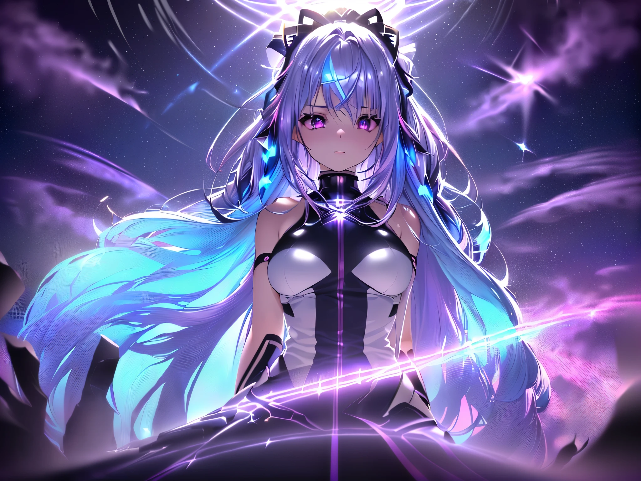 1 girl, 20 year old girl, one person, (Silver blue hair streaked pink purple:1.4), (Gradient sky blue hair ends:1.6), hair strand, absurdly long hair, single sidelock, wavy hair, shiny hair, floating hair, (Illusion deep purple eyes), delicate eyes, aqua eyes, High like real eyes, ((glowing eyes)), makeup, Focus on face, Very detailed facial, hot body, Random environment, Random pose, on the street, looking at the starry night sky, meteor, Technical clothing masterpiece, White extra long skirt, (several cross stars beside), (Colored lights swirl around the body), (((Extra super huge colorful extra super complex multiple magic circle halos upright on the back of the head))), cyberpunk, full body shot, realism, chiaroscuro, ((glowing light)), (sparkle), (ray tracing), cinematic lighting, Futurism, motion blur, Ultra-Wide Angle, god rays, atmospheric perspective, best quality, UHD, super detail, masterpiece, highres, ccurate, retina