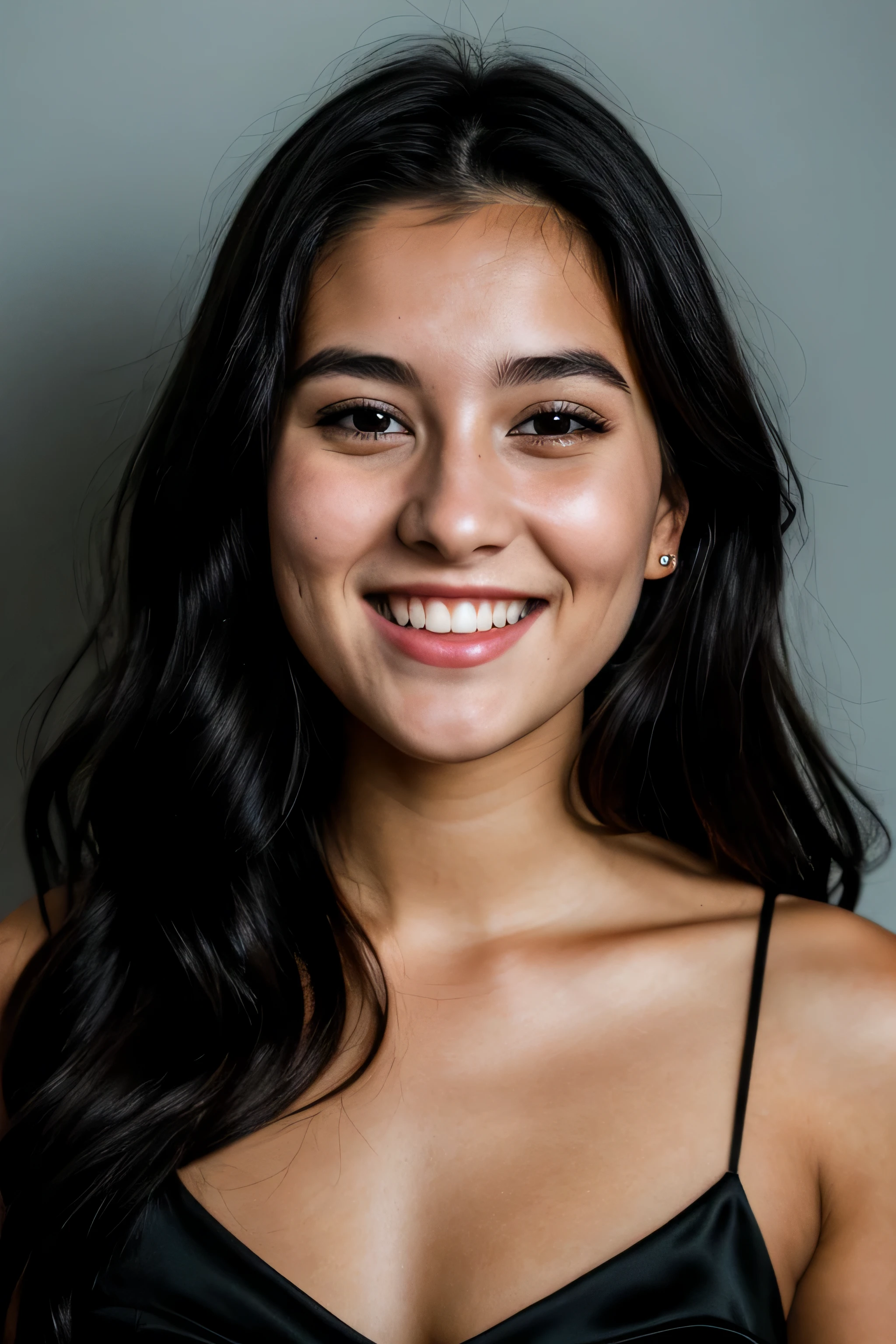 Raw-Photo, face portrait photo of a beautiful 26-year-old.oh woman, Cute face, in a black dress, happy face, hard shadows, cinematic frame, spectacular lighting