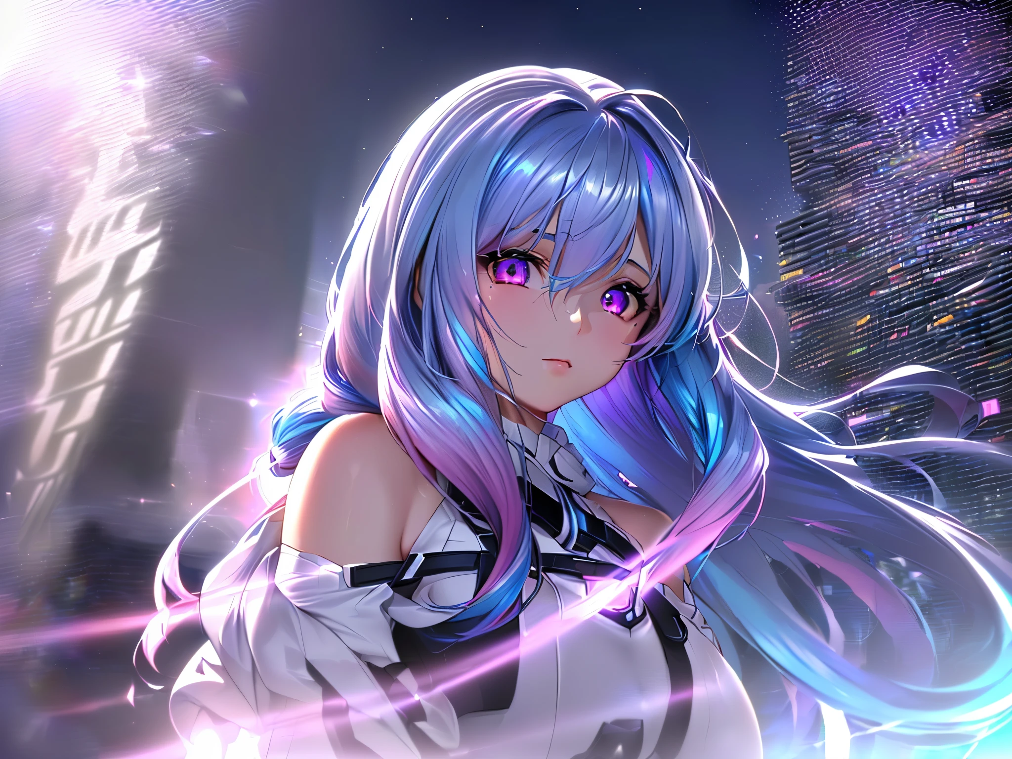 1 girl, 20 year old girl, one person, (Silver blue hair streaked pink purple:1.4), (Gradient sky blue hair ends:1.6), hair strand, absurdly long hair, single sidelock, wavy hair, shiny hair, floating hair, (Illusion deep purple eyes), delicate eyes, aqua eyes, High like real eyes, ((glowing eyes)), makeup, Focus on face, Very detailed facial, hot body, Random environment, Random pose, on the street, looking at the starry night sky, meteor, Technical clothing masterpiece, White extra long skirt, (several cross stars beside), (Colored lights swirl around the body), (((Extra super huge colorful extra super complex grain multiple halos on the back of the head))), cyberpunk, realism, chiaroscuro, ((glowing light)), (sparkle), (ray tracing), cinematic lighting, Futurism, motion blur, Ultra-Wide Angle, god rays, atmospheric perspective, best quality, UHD, super detail, masterpiece, highres, ccurate, retina