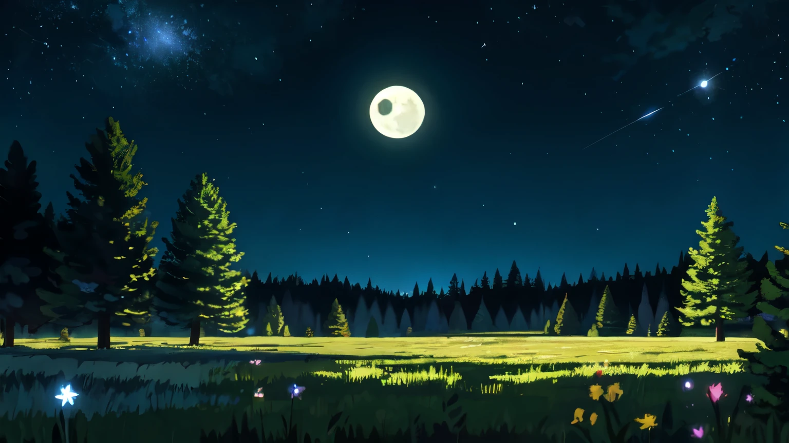 the forest, meadow, night, moon, starry sky, цветочная meadow