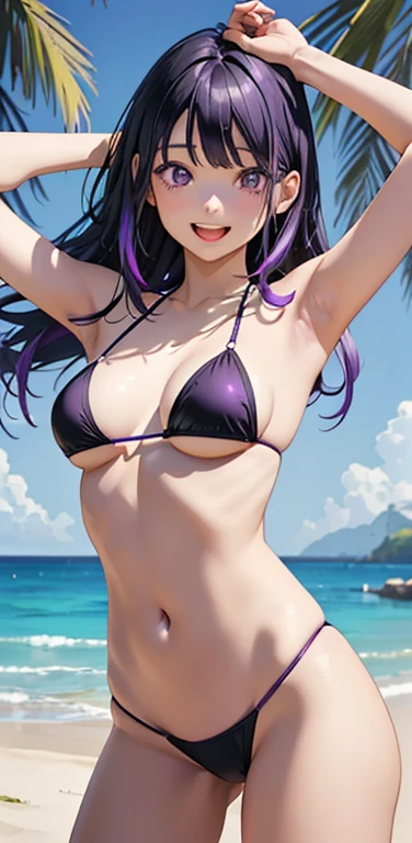 Realistic、1girl、(Open mouth happy smile:1.3),(cute face:1.5),(tareme:1.3),(black hair purple hair hair gradient hair:1.3),(purple eyes)、(kind eyes:1.3)、leaning forward、open stance,(middle hair),( portrait:1.3,face focus:1.3,cowboy shot),(black enamel micro bikini:1.3)、(large breasts),(midsummer beach:1.3)