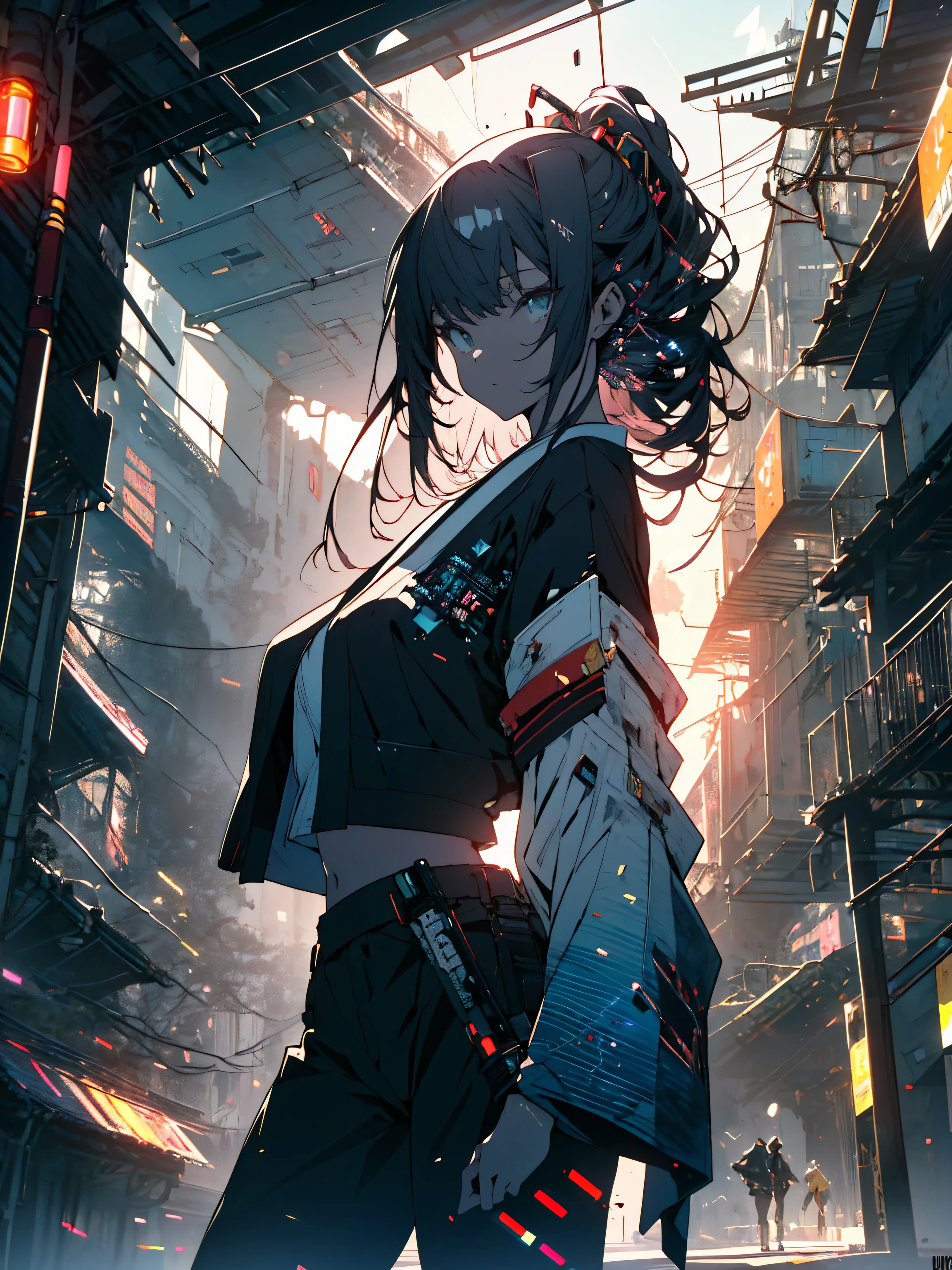 (highest quality、masterpiece、High resolution、detailed)、(Shining eyes、detailed beautiful face)、(1 girl in kimono)、a futuristic female warrior holding a katana, (delicate skin), pale skin, (in a deep neckline highly detailed sexy futuristic cyberpunk black crop top and underpants made of circuit boards, Japanese words with flare effect, beautiful magnificent composition, futuristic, masterpiece, attractive, pose for a photo、(beautiful anime)、dynamic angle