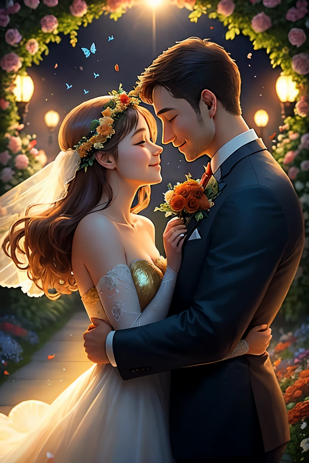 An enchanting tableau unfolds in the flower garden as a couple embraces, their faces radiant with love. Above them, a symphony of wings unfolds as butterflies flutter and dance in a mesmerizing ballet. Their vibrant hues of red, blue, and orange dance around the couple, adding a whimsical and magical touch to their romantic rendezvous. The sun sets behind them, casting a golden glow over the scene, as if blessing their union with its warm embrace. The gentle rustle of petals and the sweet fragrance of flowers fill the air, creating an idyllic moment that they will cherish forever.