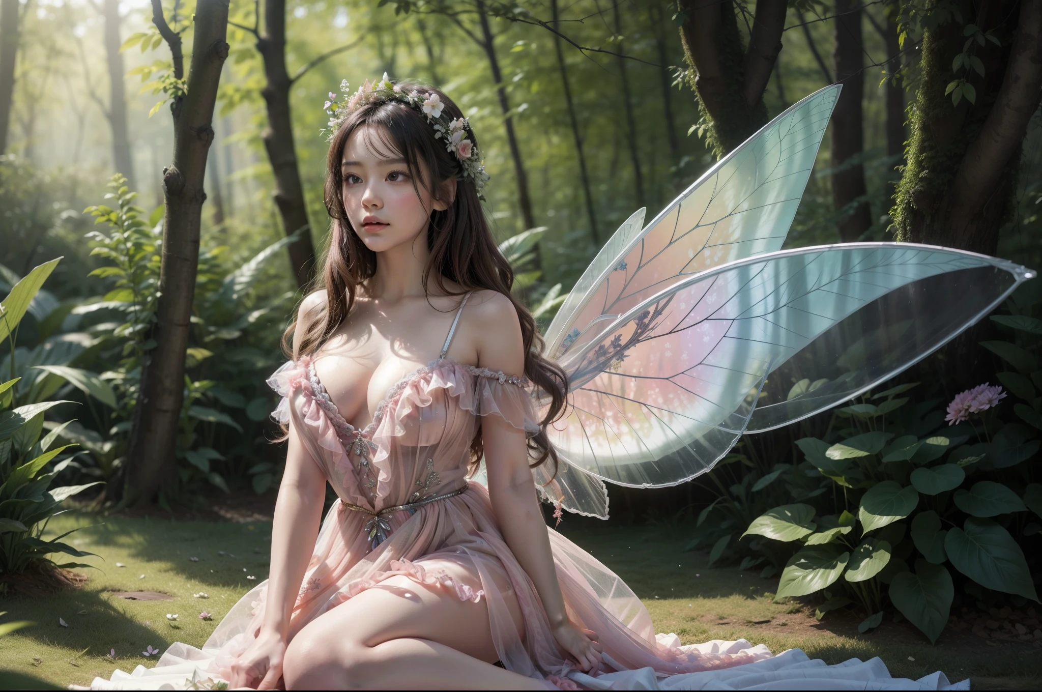 A young fairy in vortex of falling flowers and leaves. Butterfly like Wings. She wears a multilayered ruffled dress in light pink transparent fabric with silver and aquamarine embellishments. Long messy wavy hair. She is merging from a swirl of multicoloured varieties of flowers and leaves of different shapes and tones of green. Happy palette of colours. Magical flowery forest as background, clear day, sunny, light filtering through the trees. Photorealistic.