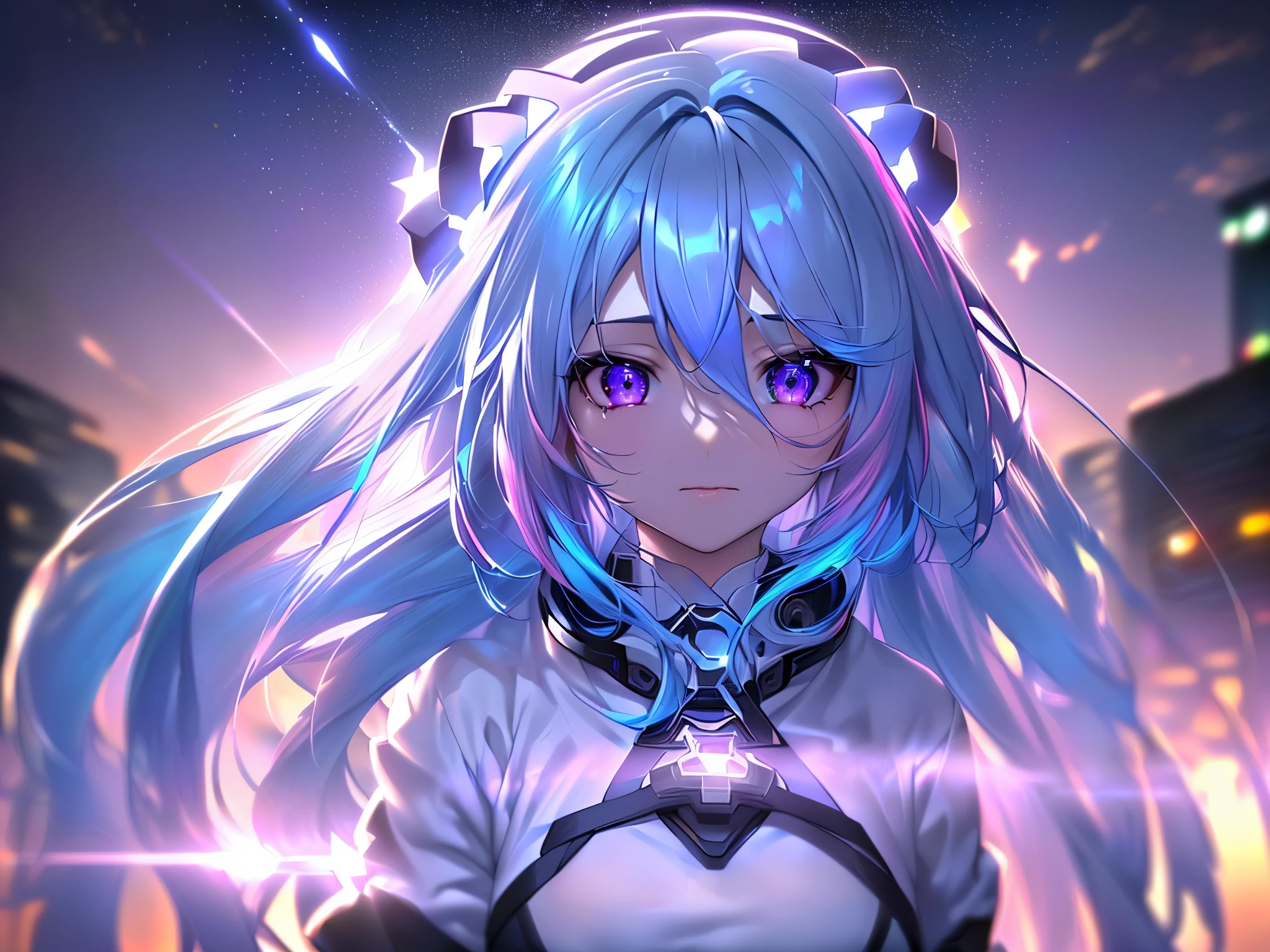 1 girl, 20 year old girl, one person, (Silver blue hair streaked pink purple:1.4), (Gradient sky blue hair ends:1.6), hair strand, absurdly long hair, single sidelock, wavy hair, shiny hair, floating hair, Illusion deep purple eyes, delicate eyes, aqua eyes, High like real eyes, ((glowing eyes)), makeup, Focus on face, Very detailed facial, hot body, Random environment, Random pose, in the street, looking at the starry night sky, meteor, Technical clothing masterpiece, White long skirt, (several cross stars beside), (Colored lights swirl around the body), ((Extra super huge colorful extra super complex grain multiple halos in the back)), cyberpunk, realism, chiaroscuro, ((glowing light)), (sparkle), (ray tracing), cinematic lighting, Futurism, motion blur, Ultra-Wide Angle, best quality, UHD, super detail, masterpiece, highres, ccurate