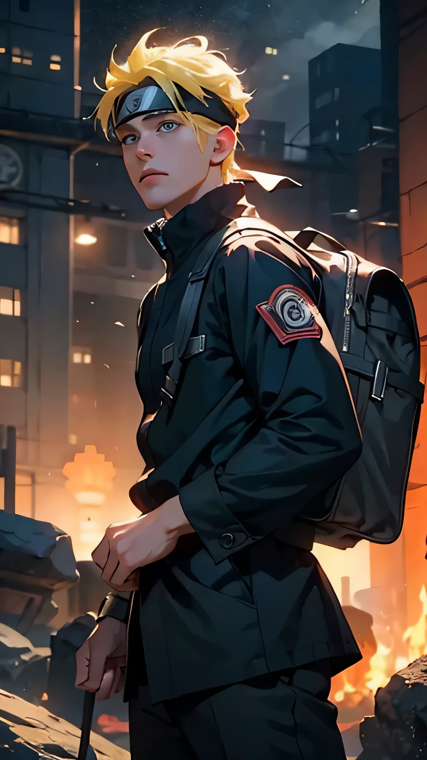 full body,masterpiece, best quality, detailed, 1boy, handsome,male,looking at viewer, naruto,Heavy rain realistic,blue eye,yellow hair,konoha realistic detail headband,eye realistic,nose realistic,mouth realistic,skin realistic,face realistic,head realistic,body realistic, background art cinematic,backpack,big eye sharp, photorealistic, photoshoot