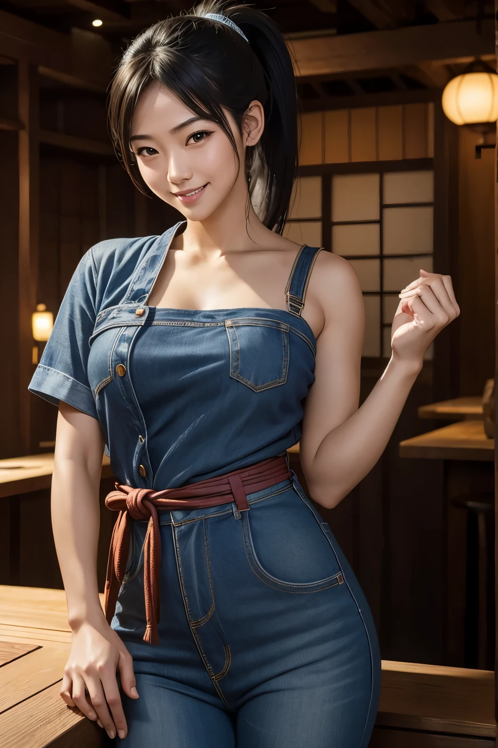 8K,Japanese woman working at an izakaya,Super beautiful(like the real thing),Tavern clerk costume,ponytail,jeans,smile,masterpiece,Photorealistic RAW photos of the highest quality。bright colors,rich colors, Backlight, cinematic lighting, film grain, to be born, 50MM lens, Nikon D850,super realistic skin,fantasy art,character art,ultra high resolution,realistic scale skin,Perfect hand shape,view audience,smile,beautiful expression,Close-up,muscular slim body,Makeup,sexy,At work,