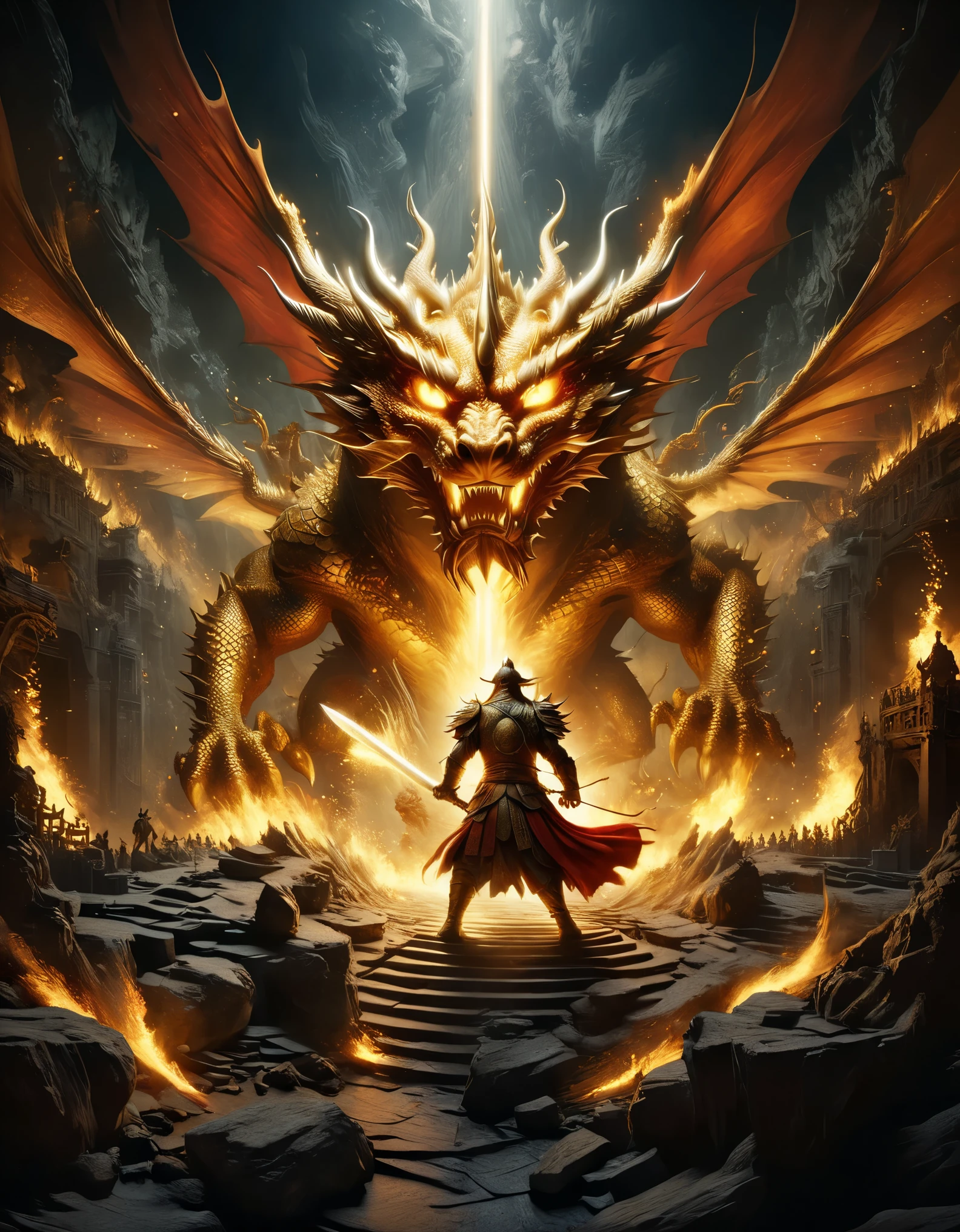 top view,(anthropomorphic Chinese dragon warrior in golden armor fighting enemies), sword swinging through dungeon roofs, red flames of hell, rubble flying, explosions, epic footage, iper quality, iper detail, intricate detail, octan rendering, cinema, standing facing the viewer, mythological creatures, hermits, conceptual art, wide angle, full composition, dynamic lighting, film