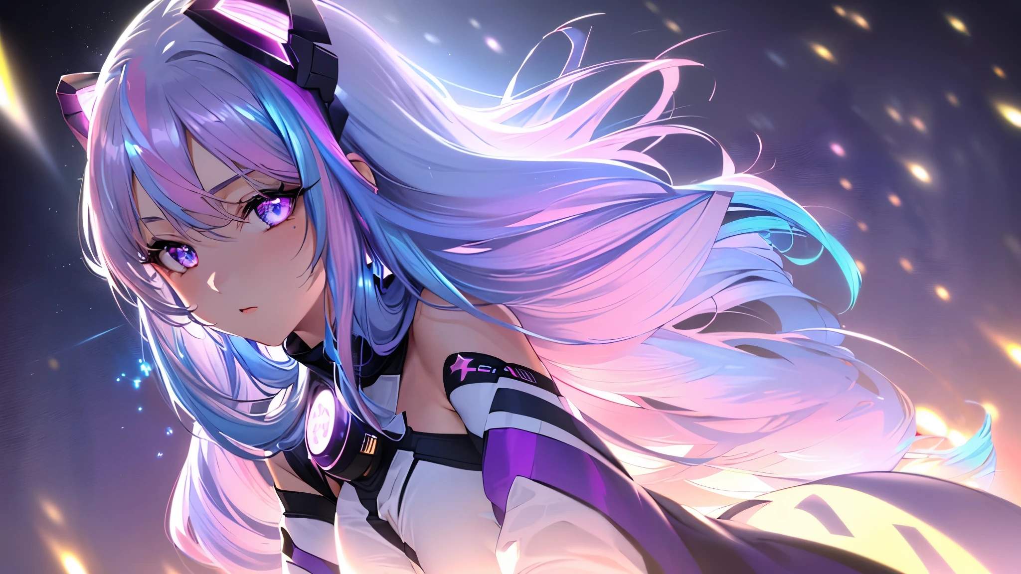 1 girl, 20 year old girl, one person, (Silver blue hair streaked pink purple:1.4), (Gradient sky blue hair ends:1.6), hair strand, absurdly long hair, single sidelock, wavy hair, shiny hair, floating hair, Illusion deep purple eyes, delicate eyes, aqua eyes, High like real eyes, ((glowing eyes)), makeup, Focus on face, Very detailed facial, hot body, Random environment, Random pose, Random expressions, looking at the starry night sky, meteor, Technical clothing masterpiece, White long skirt, (several cross stars beside), (Colored lights swirl around the body), ((Extra super huge colorful extra super complex grain multiple halos in the back)), cyberpunk, realism, chiaroscuro, ((glowing light)), (sparkle), (ray tracing), cinematic lighting, Futurism, motion blur, Ultra-Wide Angle, best quality, UHD, super detail, masterpiece, highres, ccurate
