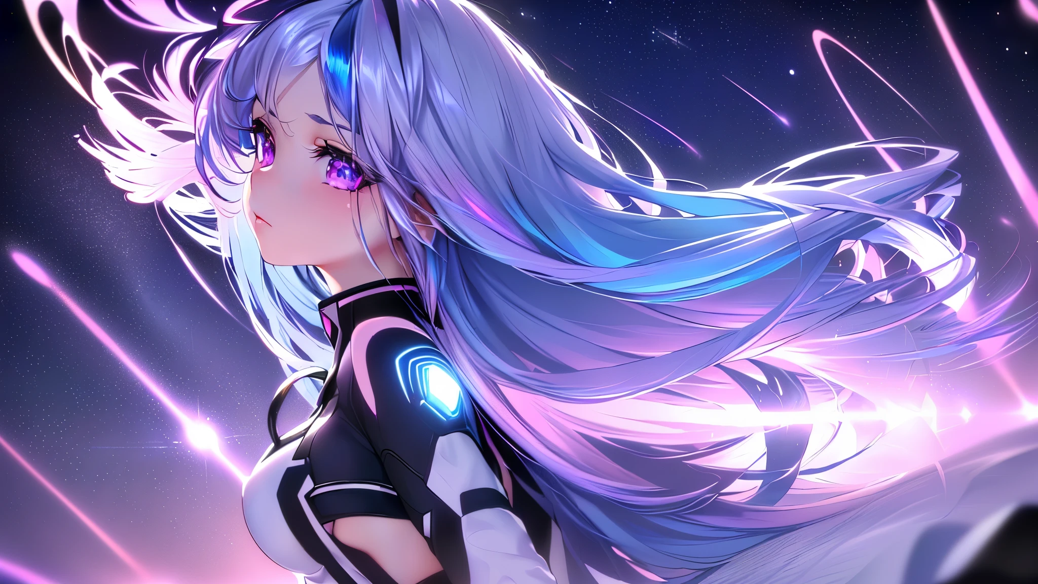 1 girl, 20 year old girl, one person, (Silver blue hair streaked pink purple:1.4), (Gradient sky blue hair ends:1.6), hair strand, absurdly long hair, single sidelock, wavy hair, shiny hair, floating hair, Illusion deep purple eyes, delicate eyes, aqua eyes, High like real eyes, ((glowing eyes)), makeup, Focus on face, Very detailed facial, hot body, Random environment, Random pose, Random expressions, looking at the starry night sky, meteor, Technical clothing masterpiece, White long skirt, (several cross stars beside), (Colored lights swirl around the body), ((Extra super huge colorful extra super complex grain multiple halos in the back)), cyberpunk, realism, chiaroscuro, ((glowing light)), (sparkle), (ray tracing), cinematic lighting, Futurism, motion blur, Ultra-Wide Angle, best quality, UHD, super detail, masterpiece, highres, ccurate