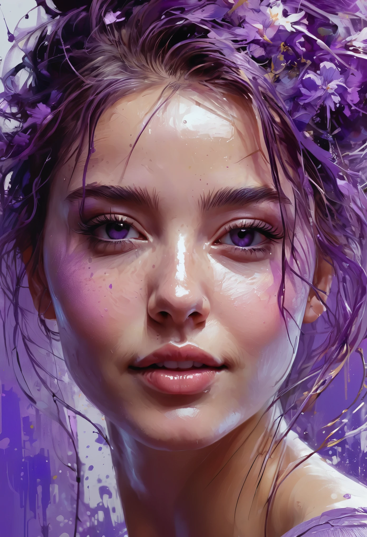 happy girl, centered, looking at the camera, approaching perfection, dynamic, shades of purple, highly detailed, digital painting, art station, concept art, smooth, sharp focus, illustration, art by Carne Griffiths and Wadim Kashin, detailed face, 4k