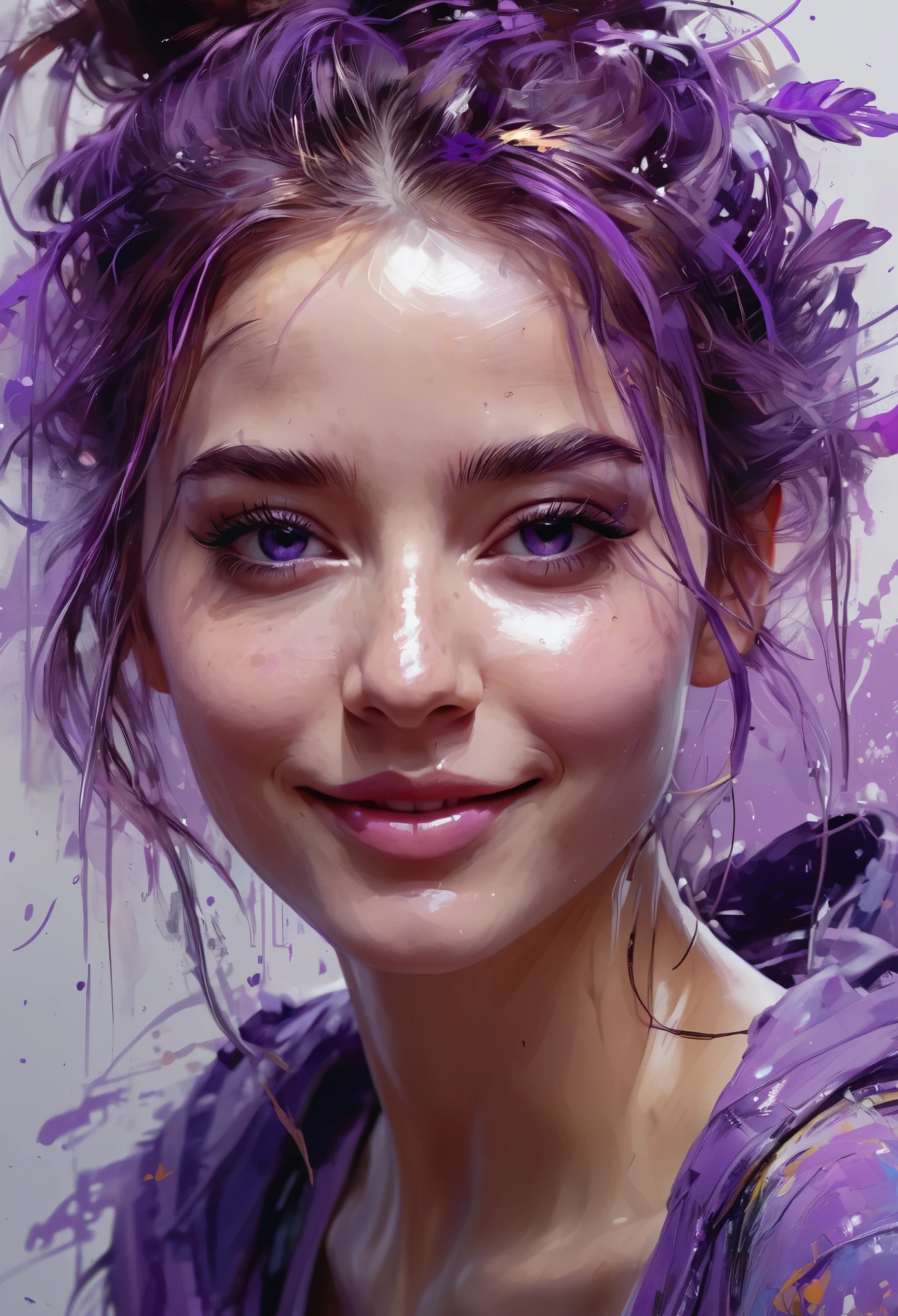 happy girl, centered, looking at the camera, approaching perfection, dynamic, shades of purple, highly detailed, digital painting, art station, concept art, smooth, sharp focus, illustration, art by Carne Griffiths and Wadim Kashin, detailed face, 4k