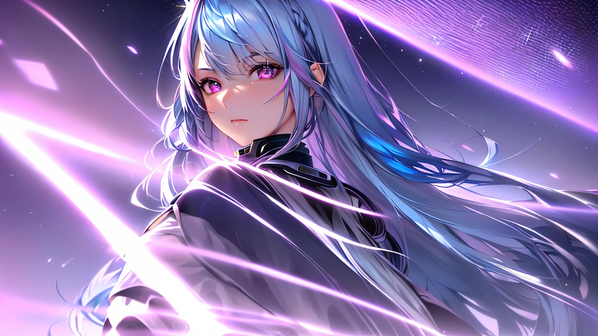 1 girl, 20 year old girl, one person, portrait, (Silver blue hair streaked pink purple:1.4), (Gradient sky blue hair ends:1.6), hair strand, absurdly long hair, single sidelock, wavy hair, shiny hair, floating hair, Illusion deep purple eyes, delicate eyes, aqua eyes, High like real eyes, ((glowing eyes)), makeup, Focus on face, Very detailed facial, hot body, Random environment, Random pose, Random expressions, looking at the starry night sky, meteor, Technical clothing masterpiece, White long skirt, (several cross stars beside), (Colored lights swirl around the body), ((Extra super huge colorful extra super complex grain multiple halos in the back)), cyberpunk, realism, chiaroscuro, ((glowing light)), (sparkle), (ray tracing), cinematic lighting, Futurism, motion blur, Ultra-Wide Angle, best quality, UHD, super detail, masterpiece, highres, ccurate