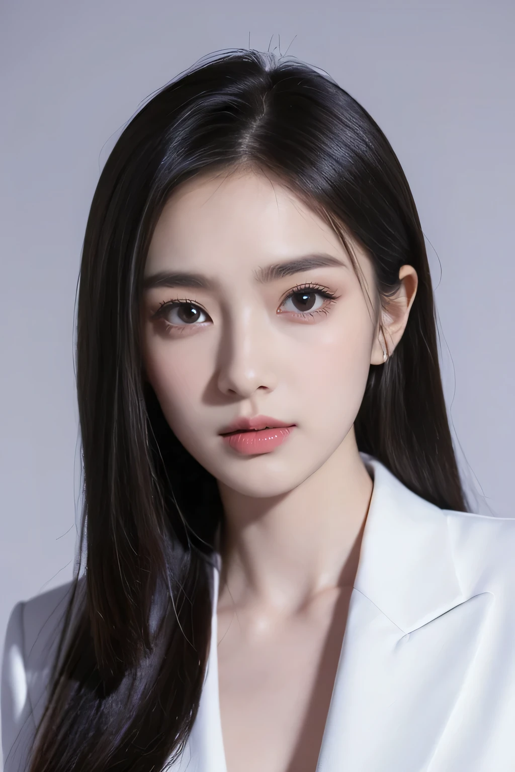 tmasterpiece,Best quality,A high resolution,8K,(Portrait photograph:1.5),(Head close-up),(ROriginal photo),real photograph,digital photography,(Girls in the workplace),(Female president),20 year old girl,random hair style,By bangs,(green-eyed),Serious and obsessed with breasts, accessories,Keep one's mouth shut,elegant and charming,Serious and arrogant,Calm and handsome,(Women's professional attire),Photo pose,Realisticstyle,gray world background,oc render reflection texture