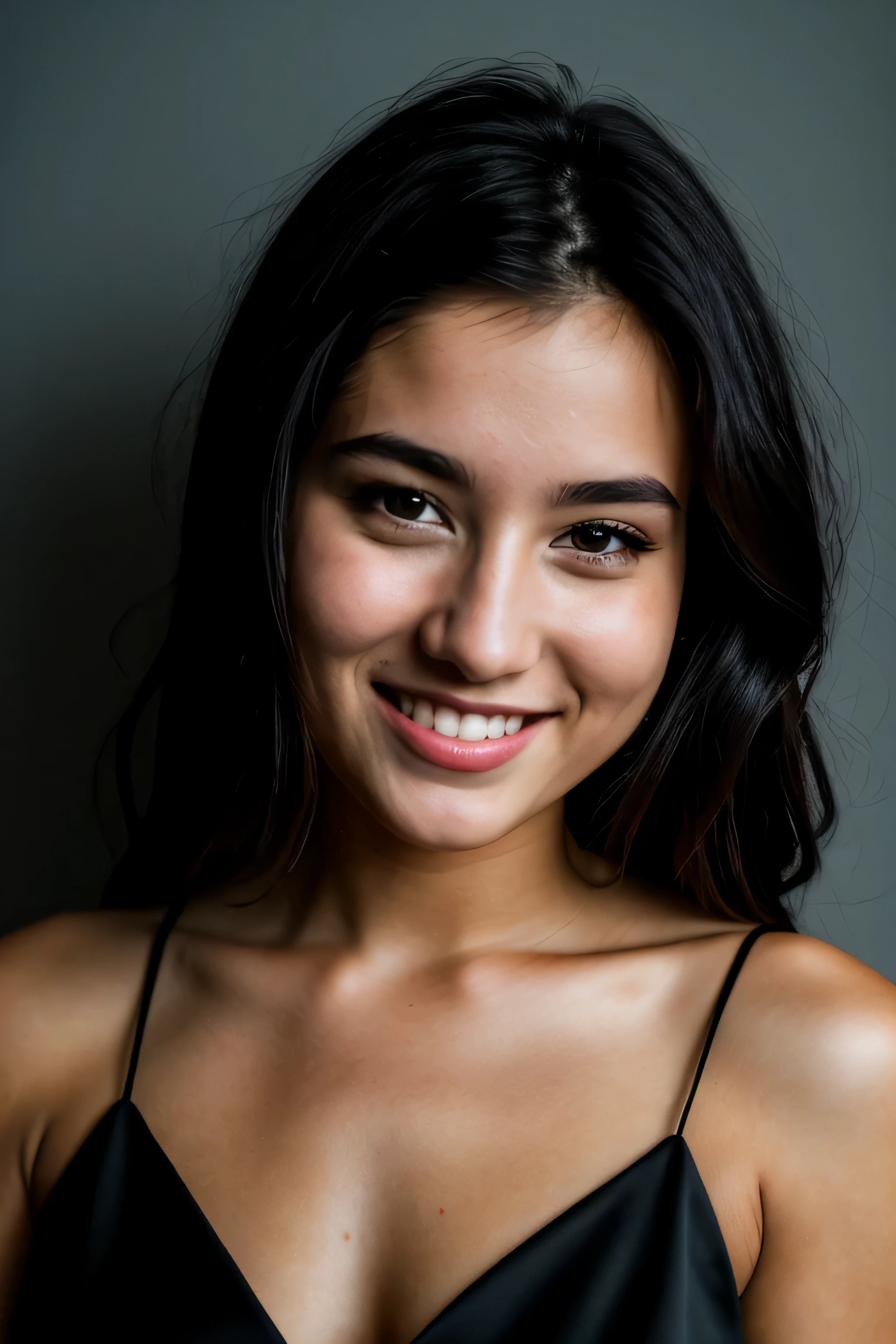 Raw-Photo, face portrait photo of a beautiful 26-year-old.oh woman, Cute face, in a black dress, happy face, hard shadows, cinematic frame, spectacular lighting