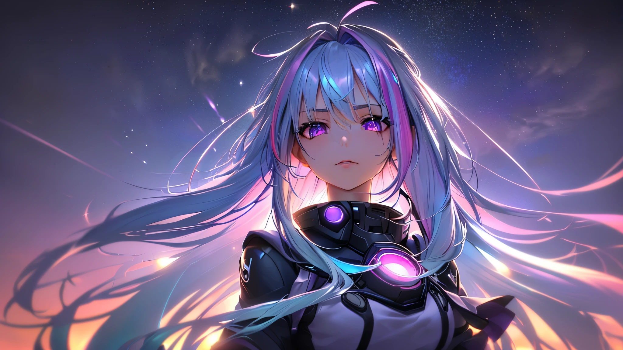 1 girl, 20 year old girl, one person, portrait, (Silver blue hair streaked pink purple:1.4), (Gradient sky blue hair ends:1.6), hair strand, absurdly long hair, single sidelock, wavy hair, shiny hair, floating hair, Illusion deep purple eyes, delicate eyes, aqua eyes, High like real eyes, ((glowing eyes)), makeup, Focus on face, Very detailed facial, hot body, Random environment, Random pose, Random expressions, looking at the starry night sky, meteor, Technical clothing masterpiece, White long skirt, (several cross stars beside), (Colored lights swirl around the body), ((Extra super huge colorful extra super complex grain multiple halos in the back)), cyberpunk, realism, chiaroscuro, ((glowing light)), (sparkle), (ray tracing), cinematic lighting, Futurism, motion blur, Ultra-Wide Angle, best quality, UHD, super detail, masterpiece, highres, ccurate