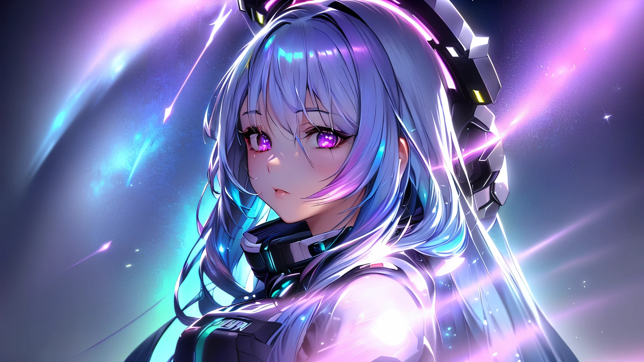 1 girl, 20 year old girl, one person, (Silver blue hair streaked pink purple:1.4), (Gradient sky blue hair ends:1.6), hair strand, absurdly long hair, single sidelock, wavy hair, shiny hair, floating hair, Illusion deep purple eyes, delicate eyes, aqua eyes, High like real eyes, ((glowing eyes)), makeup, Focus on face, Very detailed facial, hot body, Random environment, Random pose, Random expressions, looking at the starry night sky, meteor, Technical clothing masterpiece, White long skirt, (several cross stars beside), (Colored lights swirl around the body), ((Huge colorful extra super complex grain multiple halos on the head)), wide angle shot, cyberpunk, realism, chiaroscuro, ((glowing light)), (sparkle), (ray tracing), cinematic lighting, Futurism, motion blur, best quality, UHD, super detail, masterpiece, highres, ccurate