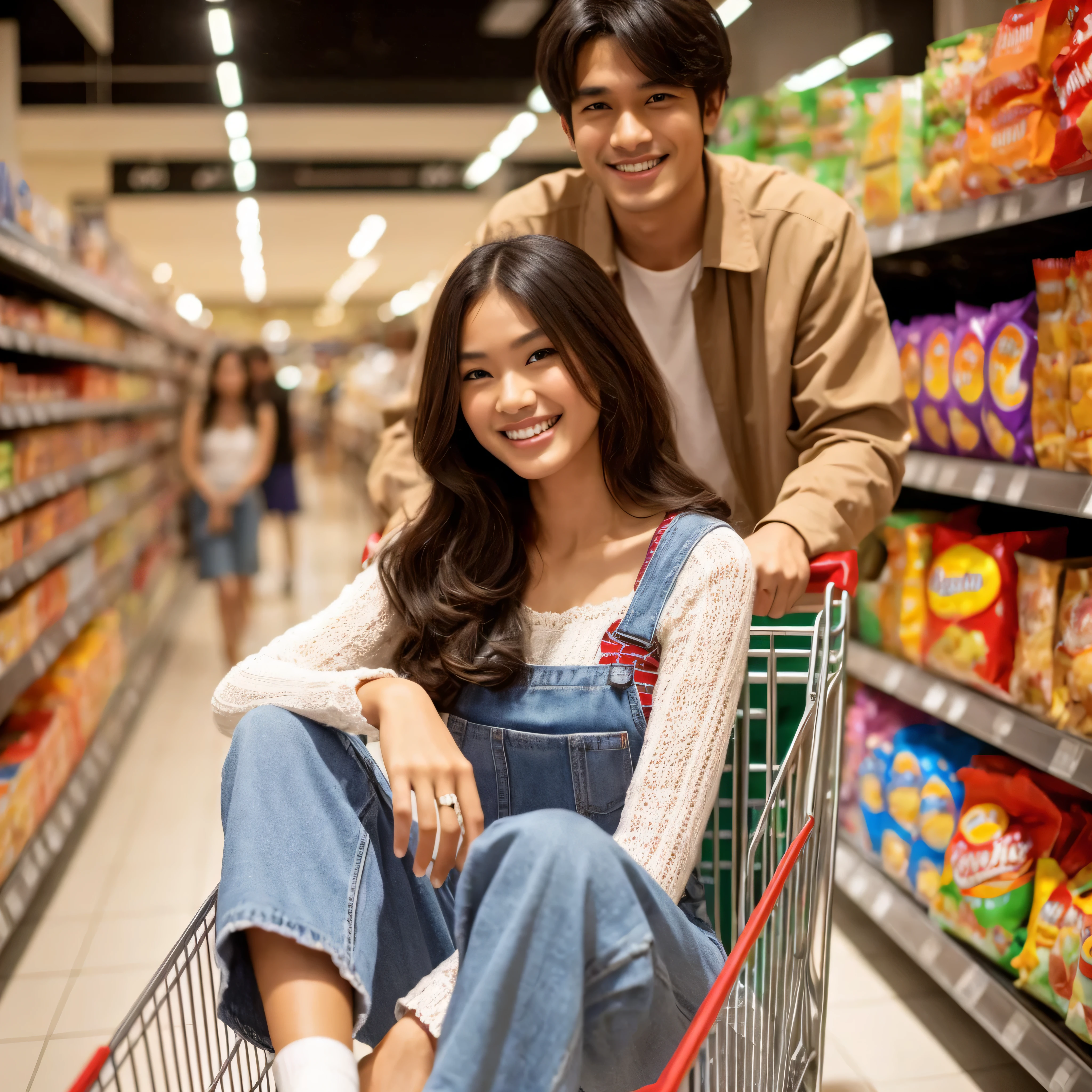 masterpiece, best quality, highest resolution, texture detailed, a beautiful Indonesian woman sitting in a shopping trolley, happy expression, behind her a man pushing the trolley, clean face, they are wearing trendy youth clothes, are in a shopping center at night, surrounded by shelves containing snacks, very detailed, 8K, UHD