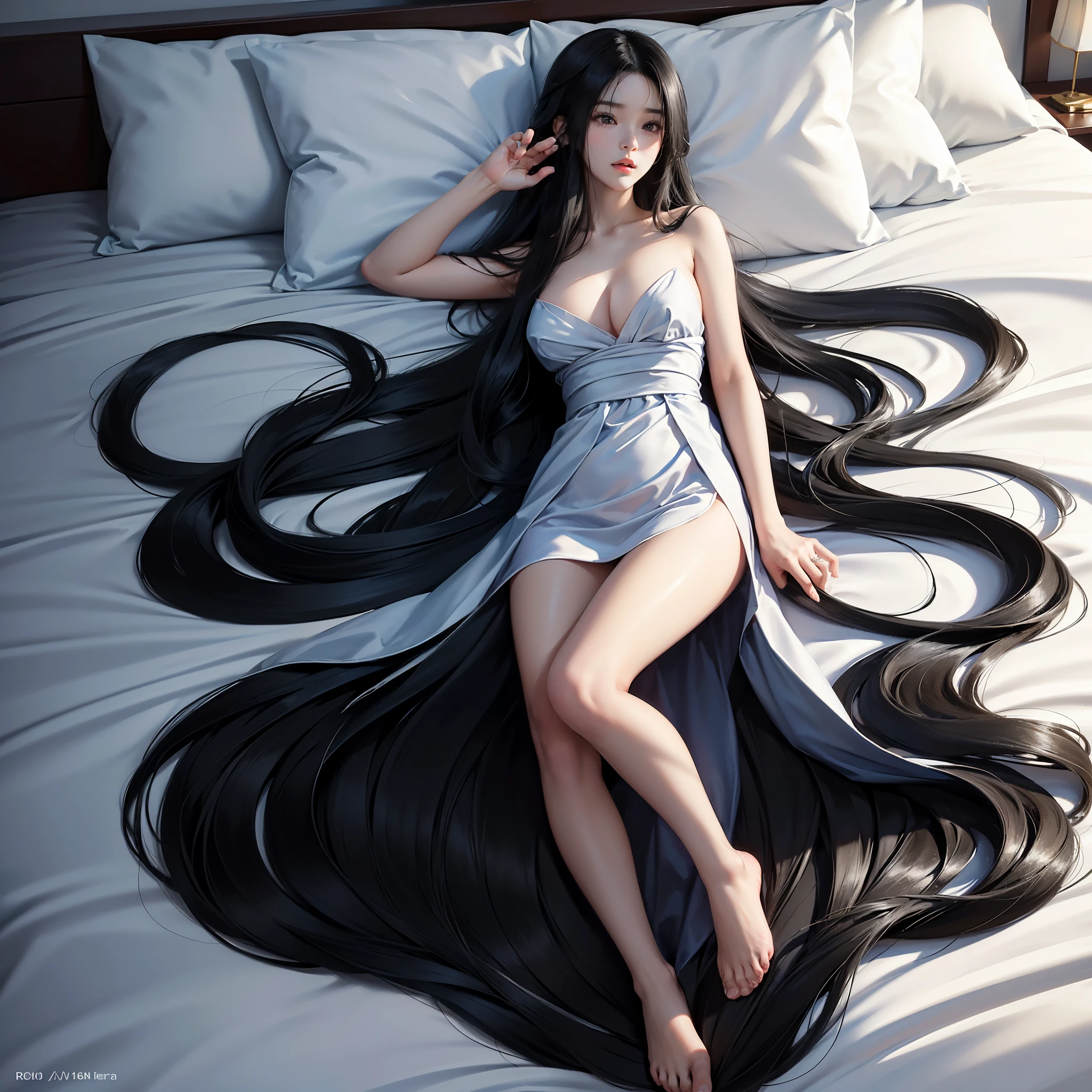 (best image quality、highest quality、highest resolution、ultra-realistic photography、full body photo、masterpiece、16k、)one girl。Super super long black hair。Hair length is over 10 meters。the place is a bedroom。super ultra long hair。She is lying on the bed with her back turned to show her long hair.。naked。
