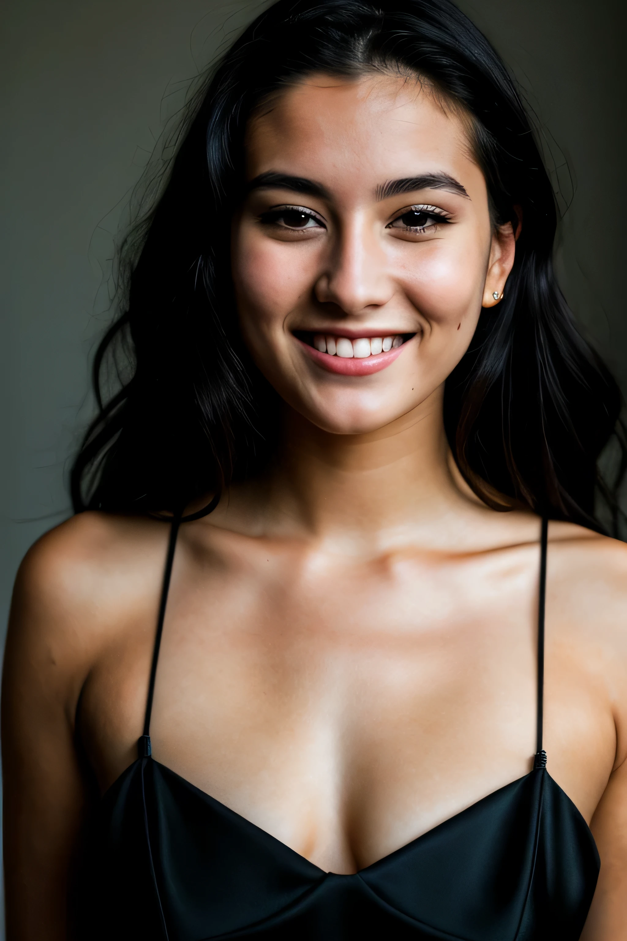 Raw-Photo, face portrait photo of a beautiful 26-year-old.oh woman, Cute face, in a black dress, happy face, hard shadows, cinematic frame, spectacular lighting