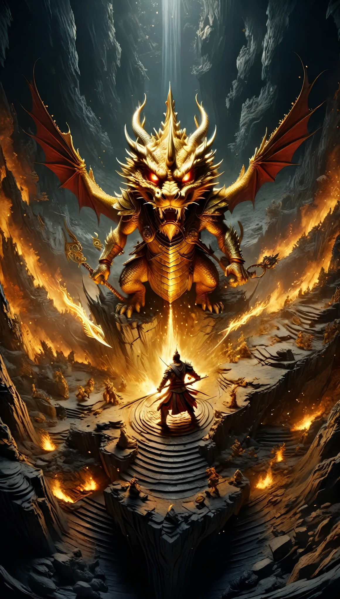 top view，(anthropomorphic Chinese dragon warrior in golden armor fighting enemies), sword swinging through dungeon roofs, red flames of hell, rubble flying, explosions, epic footage, iper quality, iper detail, intricate detail, octan rendering, cinema, standing facing the viewer, mythological creatures, hermits, conceptual art, wide angle, full composition, dynamic lighting, film