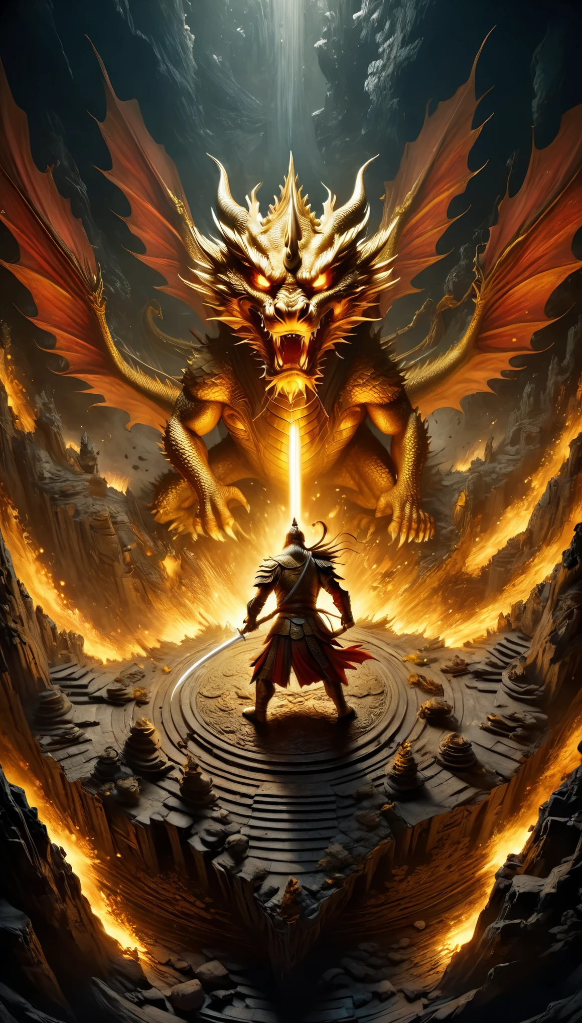 top view,(anthropomorphic Chinese dragon warrior in golden armor fighting enemies), sword swinging through dungeon roofs, red flames of hell, rubble flying, explosions, epic footage, iper quality, iper detail, intricate detail, octan rendering, cinema, standing facing the viewer, mythological creatures, hermits, conceptual art, wide angle, full composition, dynamic lighting, film