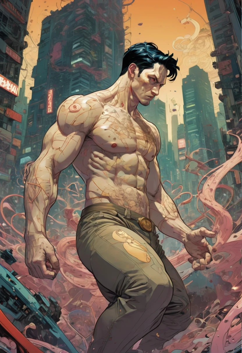 dark and torn, ((1 young man and beautiful muscular body:1.6)), fierce expression, holding a gun, (colors on his clothes, warm, orange, yellow, violet: 1.3), standing on a desolate terrain, dramatic lighting , intense shadows, gritty texture, high contrast, vibrant colors, dynamic pose, powerful stance, rough background, explosive atmosphere, dystopian theme, surreal elements, digitally painted illustration, HD resolution, intricate details, dramatic composition, avant-garde and chaotic brush strokes, style gothic, intense emotions, epic scale, raw and gritty feel, captivating and provocative artwork.