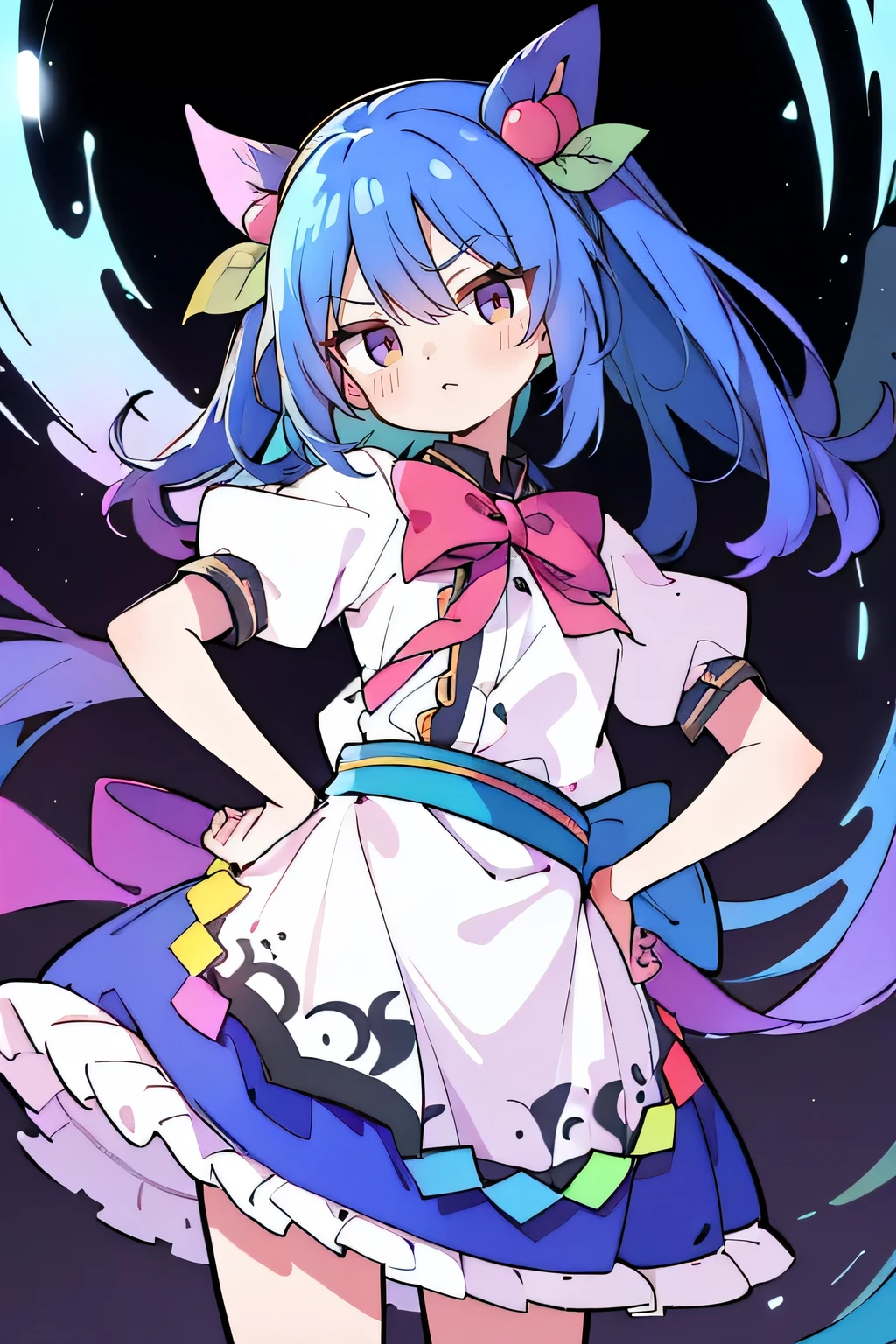 (masterpiece),best quality, expressive eyes, perfect face, 1girl,
 Put your hands on your waist,fair, Gorgeous,Japanese cartoons,girl,lola,Hina Angel, blue hair, blue haired, floating clothes,Grab your waist, Grab your waist, hands on hips , hands on hips,flat chest,starry sky,