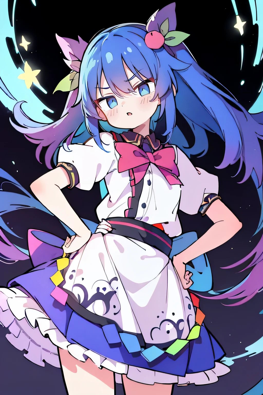 (masterpiece),best quality, expressive eyes, perfect face, 1girl,
Put your hands on your waist,fair, Gorgeous,Japanese cartoons,girl,lola,Hina Angel, blue hair, blue haired, floating clothes,Grab your waist, Grab your waist, hands on hips , hands on hips,flat chest,starry sky,