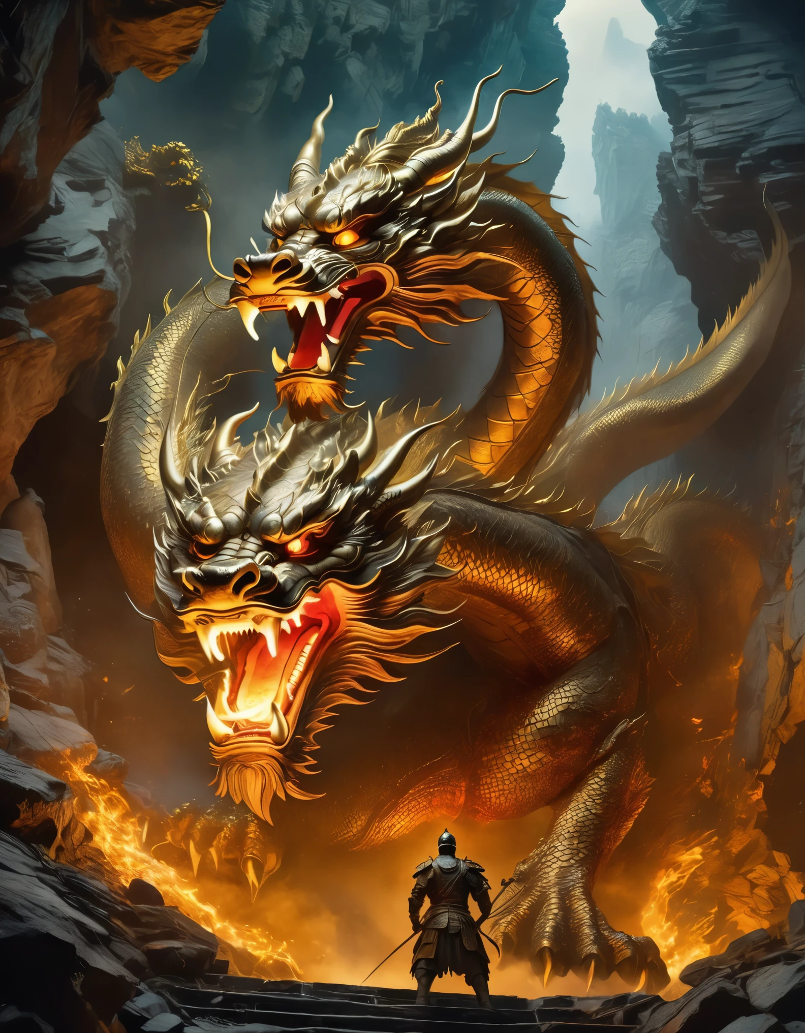 Bottom view，(anthropomorphic Chinese dragon warrior in golden armor fighting enemies), Chinese mythology，sword swinging to split the roof of an underground cave, red flames of hell, rubble flying, explosions, epic images, iper quality, iper detail, intricate detail, octan rendering, cinema, standing facing the viewer, mythological creatures, hermits, conceptual art, wide angle, full composition, dynamic lighting, film