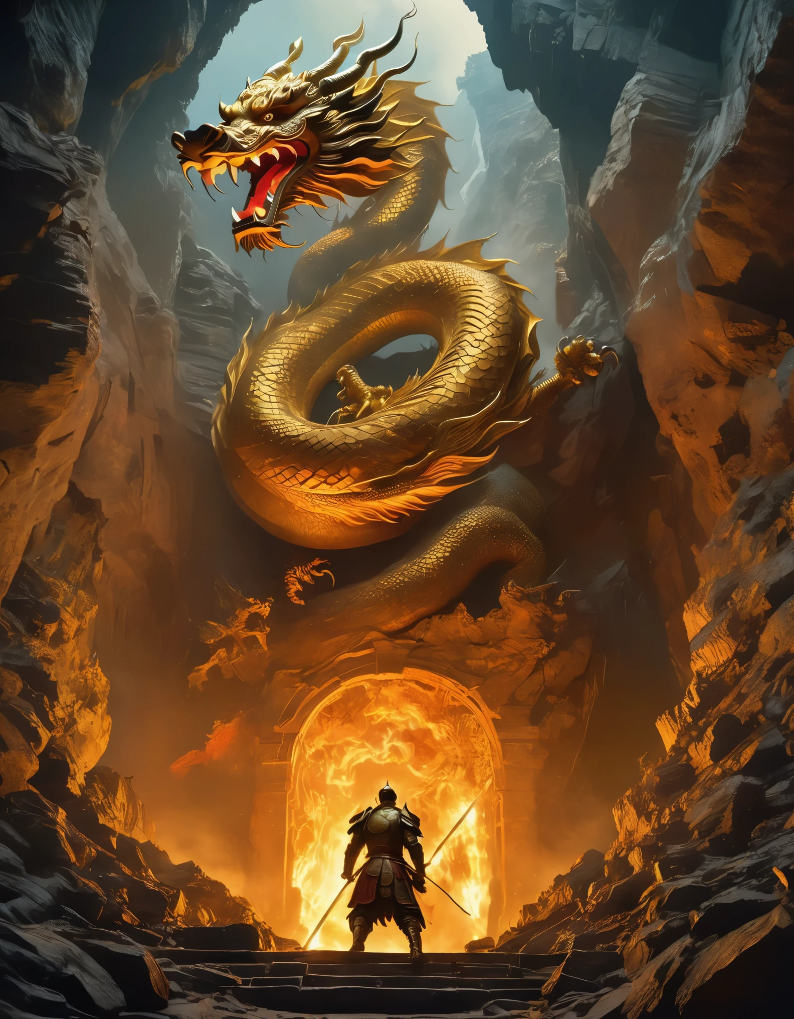 Bottom view，(anthropomorphic Chinese dragon warrior in golden armor fighting enemies), Chinese mythology，sword swinging to split the roof of an underground cave, red flames of hell, rubble flying, explosions, epic images, iper quality, iper detail, intricate detail, octan rendering, cinema, standing facing the viewer, mythological creatures, hermits, conceptual art, wide angle, full composition, dynamic lighting, film