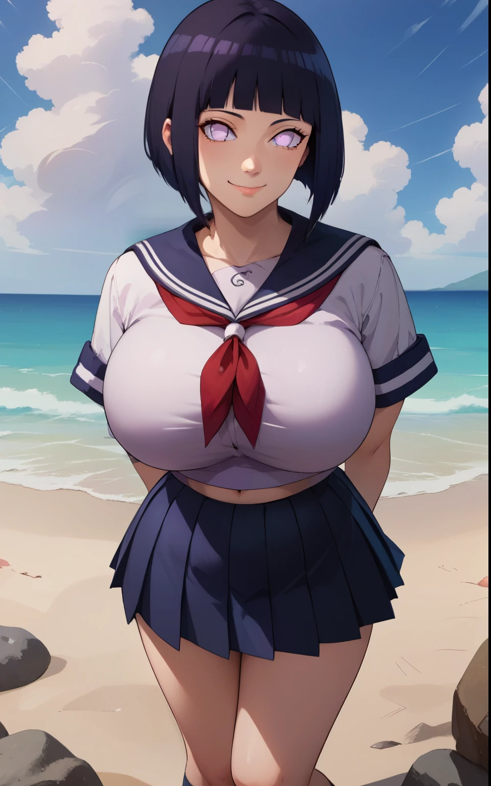 score_9, score_8_up, score_7_up, score_9,  BREAK  hinataSDXL, 1girl, solo, breasts, looking at viewer, smile, short hair, bangs, skirt, shirt, , purple eyes, white shirt, black hair, short sleeves, pleated skirt, serafuku, blunt bangs, sailor collar, huge breasts, neckerchief, ocean, beach, arms behind back, bob cut, red neckerchief, alternate breast size, bursting breasts, bra visible through clothes, hyuuga hinata