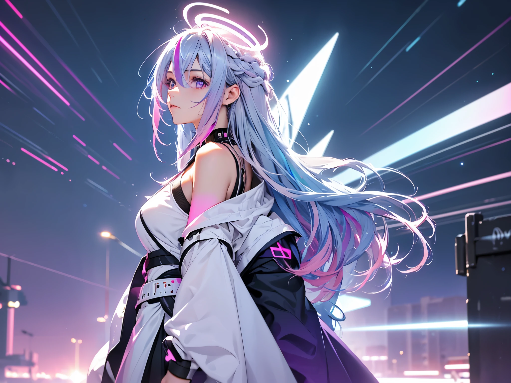 1 girl, 20 year old girl, one person, (Silver blue hair streaked pink purple:1.4), (Gradient sky blue hair ends:1.6), hair strand, absurdly long hair, single sidelock, wavy hair, shiny hair, floating hair, (Illusion deep purple eyes), delicate eyes, aqua eyes, High like real eyes, ((glowing eyes)), makeup, Focus on face, Very detailed facial, hot body, Random environment, Random pose, on the street, looking at the starry night sky, meteor, Technical clothing masterpiece, White extra long skirt, (several cross stars beside), (Colored lights swirl around the body), (((Extra super huge colorful extra super complex grain multiple halos on the back of the head))), cyberpunk, realism, chiaroscuro, ((glowing light)), (sparkle), (ray tracing), cinematic lighting, Futurism, motion blur, Ultra-Wide Angle, god rays, atmospheric perspective, best quality, UHD, super detail, masterpiece, highres, ccurate, retina