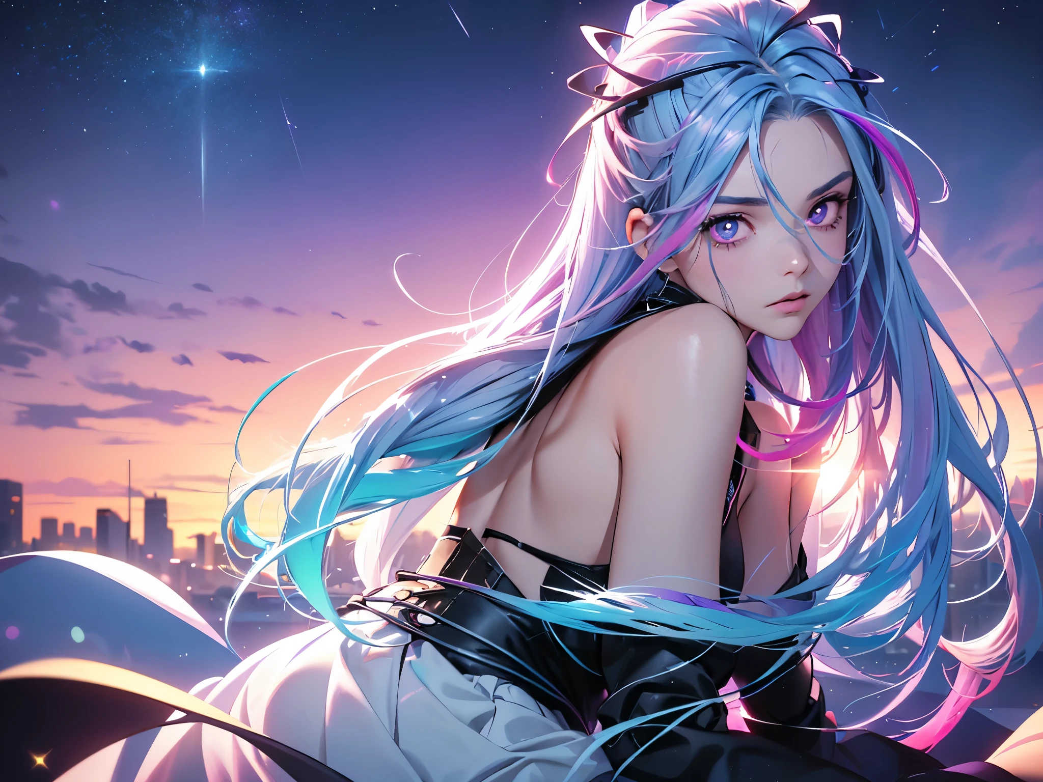 1 elf girl, (beautiful elf lady), elf magician, love and magic, one person solo, (Silver blue hair streaked pink purple:1.4), (Gradient sky blue hair ends:1.5), hair strand, absurdly long wavy hair, single sidelock, shiny hair, floating hair, (glowing symphony purple eyes), high-detailed and delicate eyes, colourful eyes makeup, red lips, ultra detailed facial, upturned pointy elf ears, porcelain skin, warm tone skin, whole body, extreme detailed, break, White extra long dress, Technical clothing masterpiece, several heart and Colored particle swirl around the body, (large complex multiple colours magic circle and heart totem upright floating on the back of the head:1.3), break, In the city, walking on the street, looking at the starry night sky, star night, meteor, cloud, heart, detailed background, complex background, ( _give heart:1.2), break, Full body, shallow depth of field, clean focus, realism, chiaroscuro, sparkle, ray tracing, Volumetric lighting, Edge lighting, studio lighting, cinematic lighting, cyberpunk future Godism art, cyberpunk anime, award winner illustration, イーブイの絵, atmospheric perspective, best quality, 8K quality, HDR, UHD, 8K, super detail, masterpiece, highres, curate, retina, perfect CG, CG unity, complex, bloom, physically-based render, Octane Render, 3D Render, (realistic, photorealistic, photo-realistic:1.37), ultra-fine painting, sharp focus,