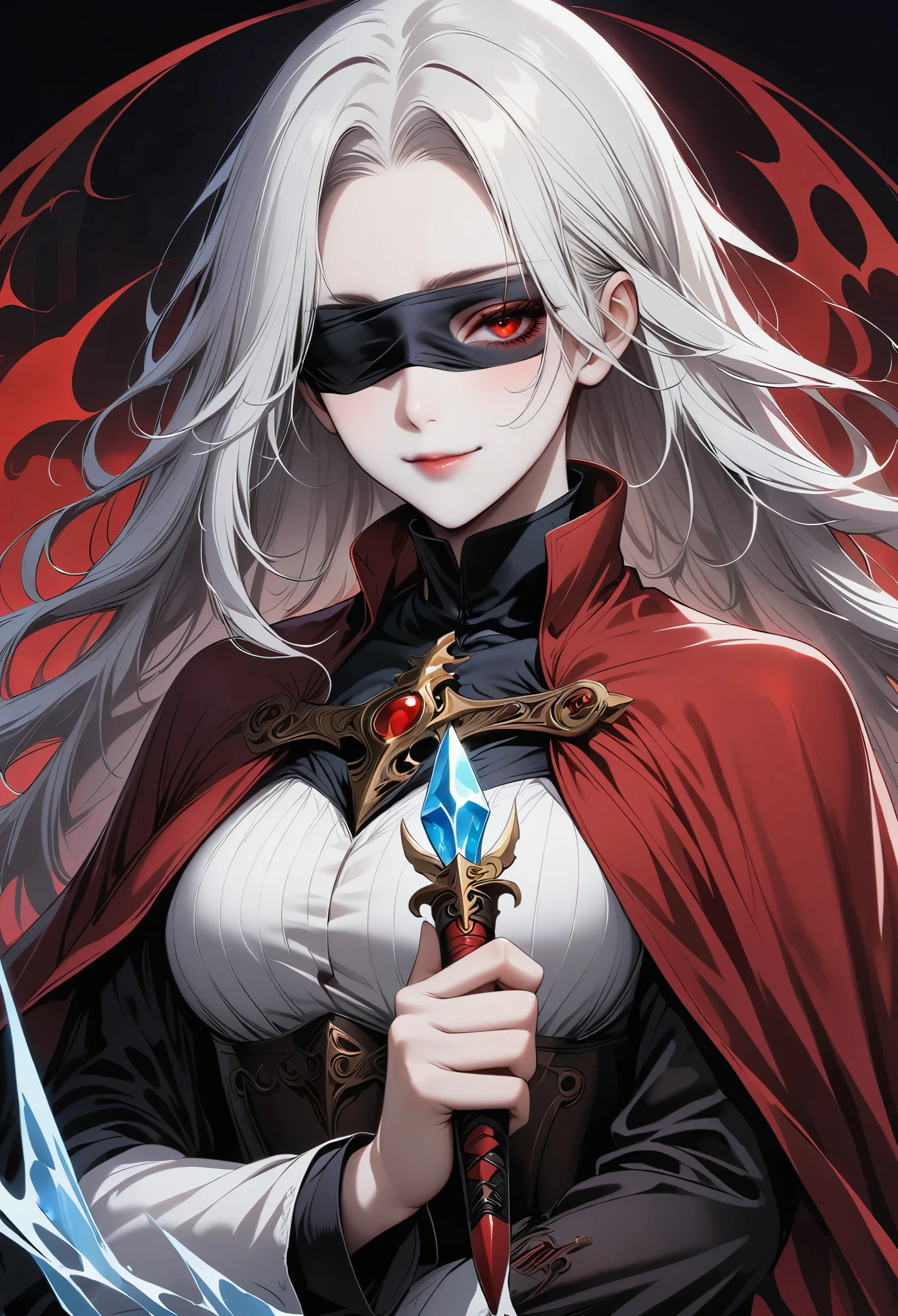 best quality,8k wallpaper,1 girl, alone, curls, (Very long hair:1.1), silver hair, (forehead:1.1), Red eyes, (half-closed eyes:1.1), smile, medium breasts, futuristic, armored, purple and red coat, purple lightning, Blue-Ice, wearing blindfold，Dagger in hand，Short sword， Mature, 