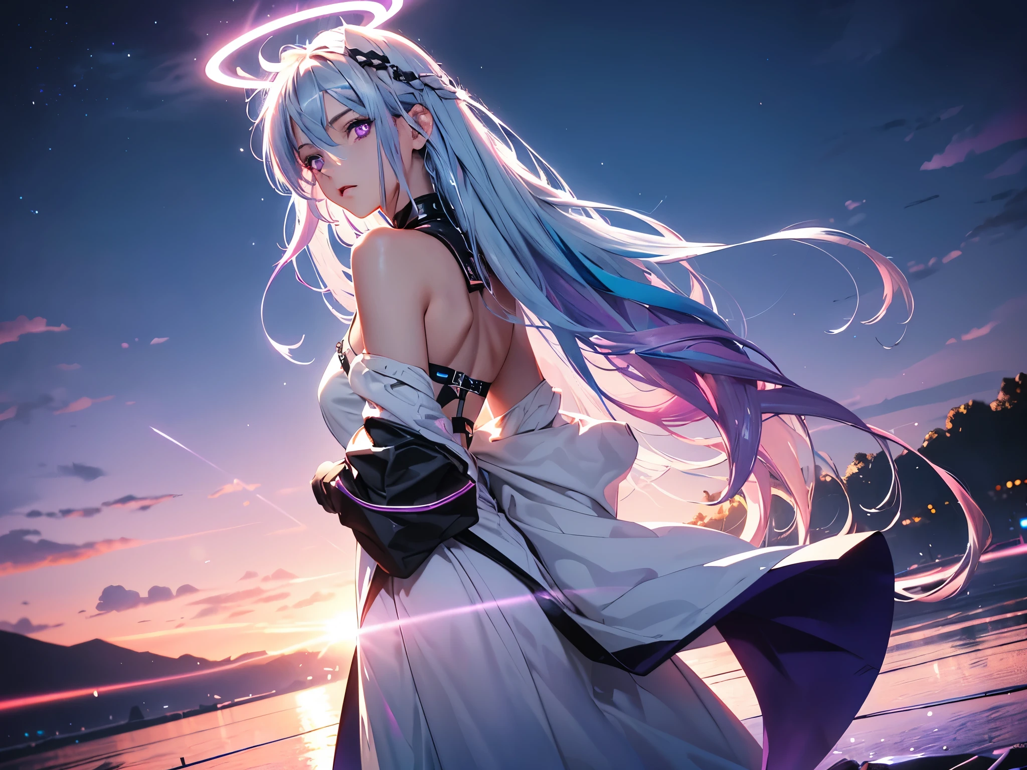 1 girl, 20 year old girl, one person, (Silver blue hair streaked pink purple:1.4), (Gradient sky blue hair ends:1.6), hair strand, absurdly long hair, single sidelock, wavy hair, shiny hair, floating hair, (Illusion deep purple eyes), delicate eyes, aqua eyes, High like real eyes, ((glowing eyes)), makeup, Focus on face, Very detailed facial, hot body, Random environment, Random pose, on the street, looking at the starry night sky, meteor, Technical clothing masterpiece, White extra long skirt, (several cross stars beside), (Colored lights swirl around the body), (((Extra super huge colorful extra super complex grain multiple halos on the back of the head))), cyberpunk, realism, chiaroscuro, ((glowing light)), (sparkle), (ray tracing), cinematic lighting, Futurism, motion blur, Ultra-Wide Angle, god rays, atmospheric perspective, best quality, UHD, super detail, masterpiece, highres, ccurate, retina